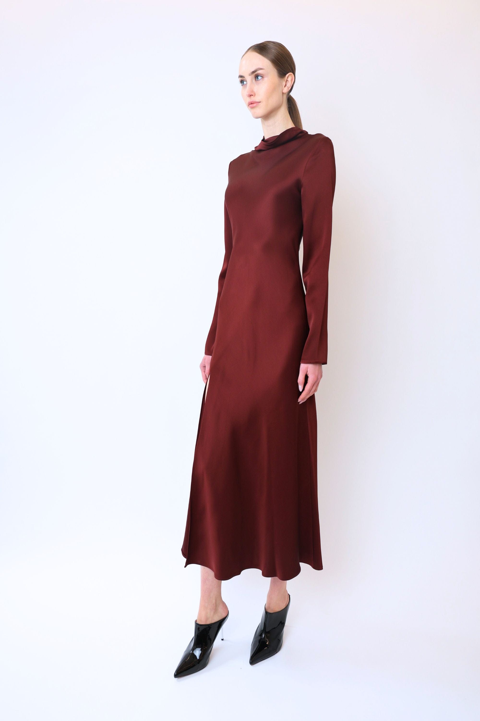 Satin Draped Neck Bias Dress With Slit - LAPOINTE