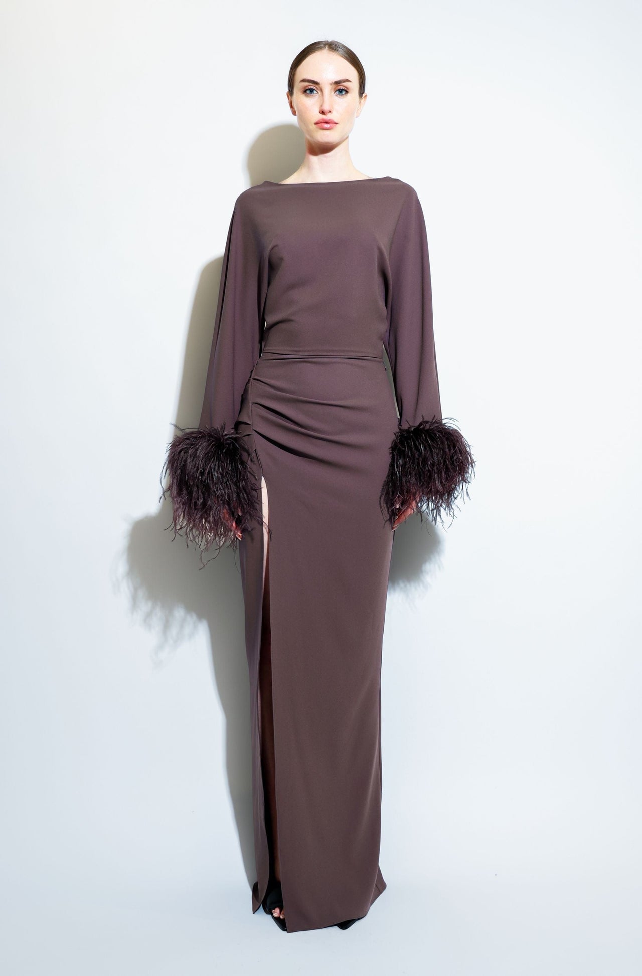 Stretch Drape Crepe Off The Shoulder Dress With Feathers
