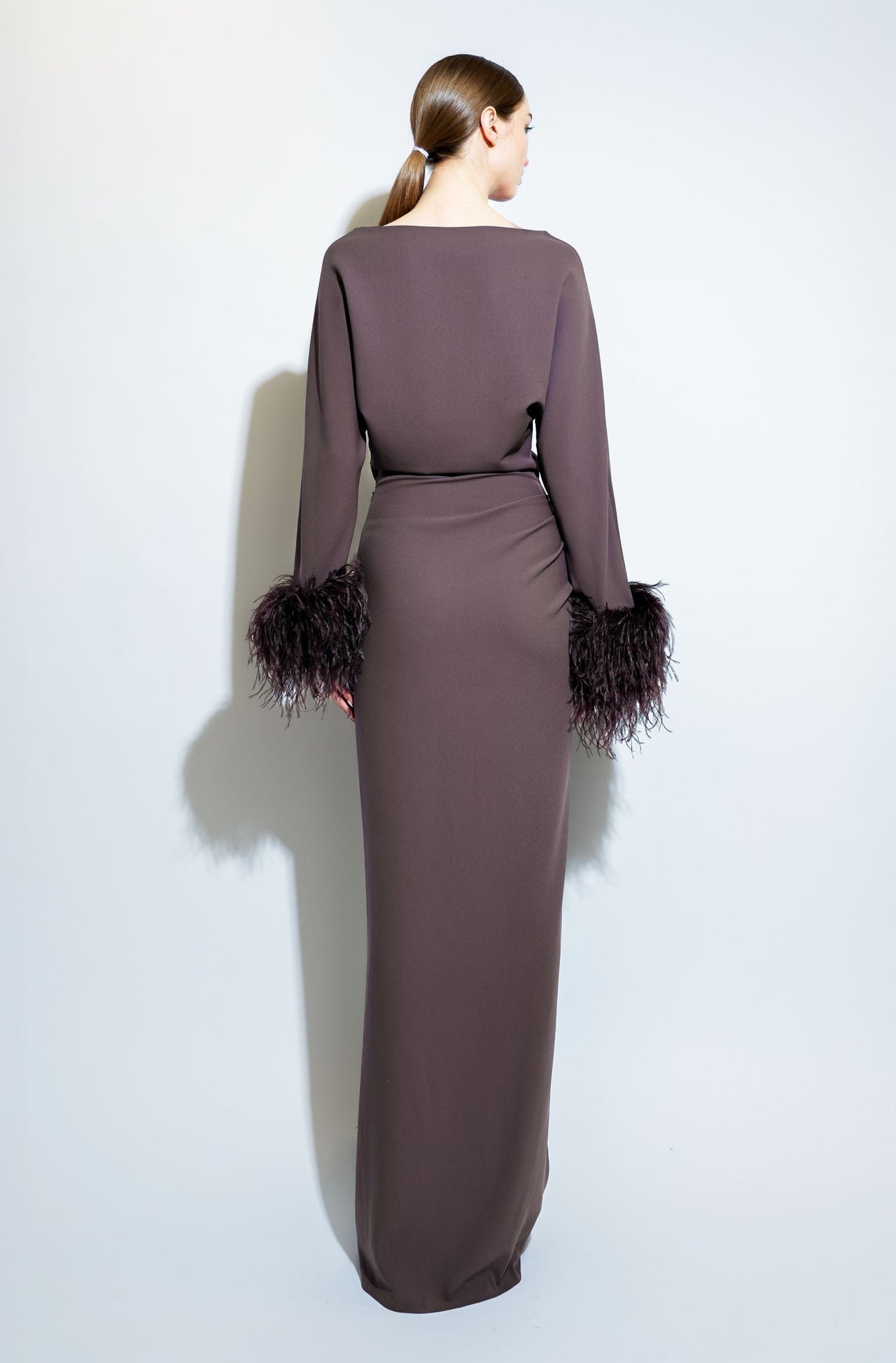 Stretch Drape Crepe Off The Shoulder Dress With Feathers