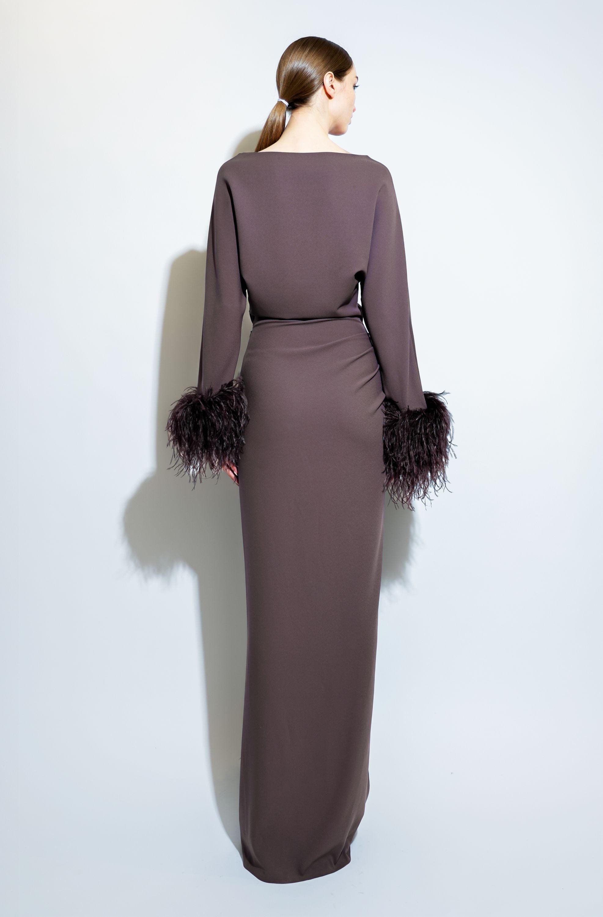 Stretch Drape Crepe Off The Shoulder Dress With Feathers - LAPOINTE