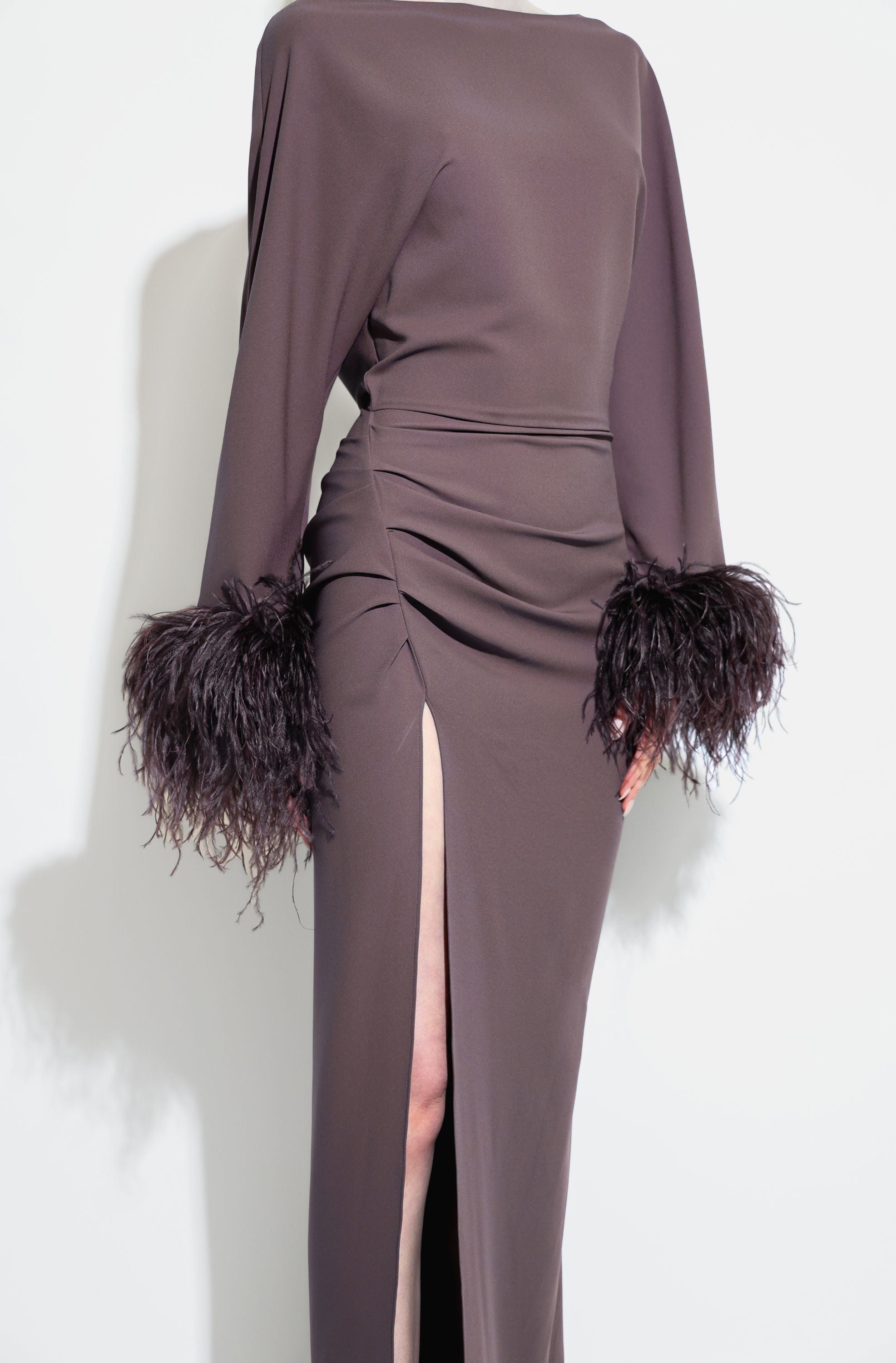 Stretch Drape Crepe Off The Shoulder Dress With Feathers - LAPOINTE