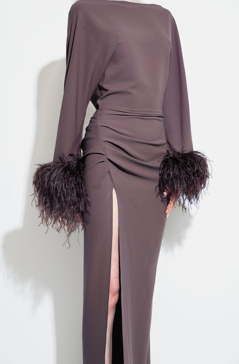 Stretch Drape Crepe Off The Shoulder Dress With Feathers