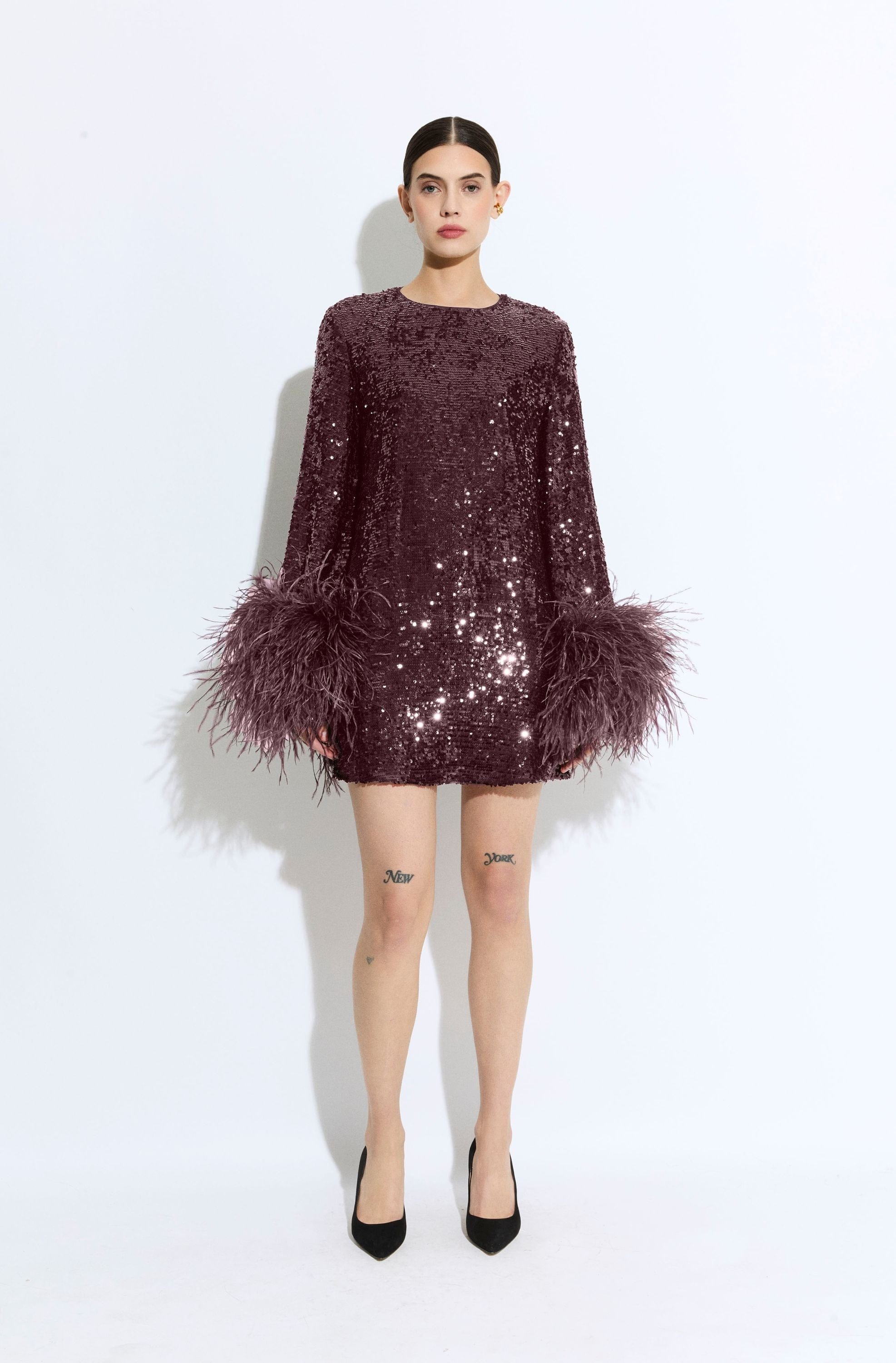 Sequin Dress With Feathers in Mulberry Red | LAPOINTE Sequin Dress With Feathers in Mulberry Red | LAPOINTE