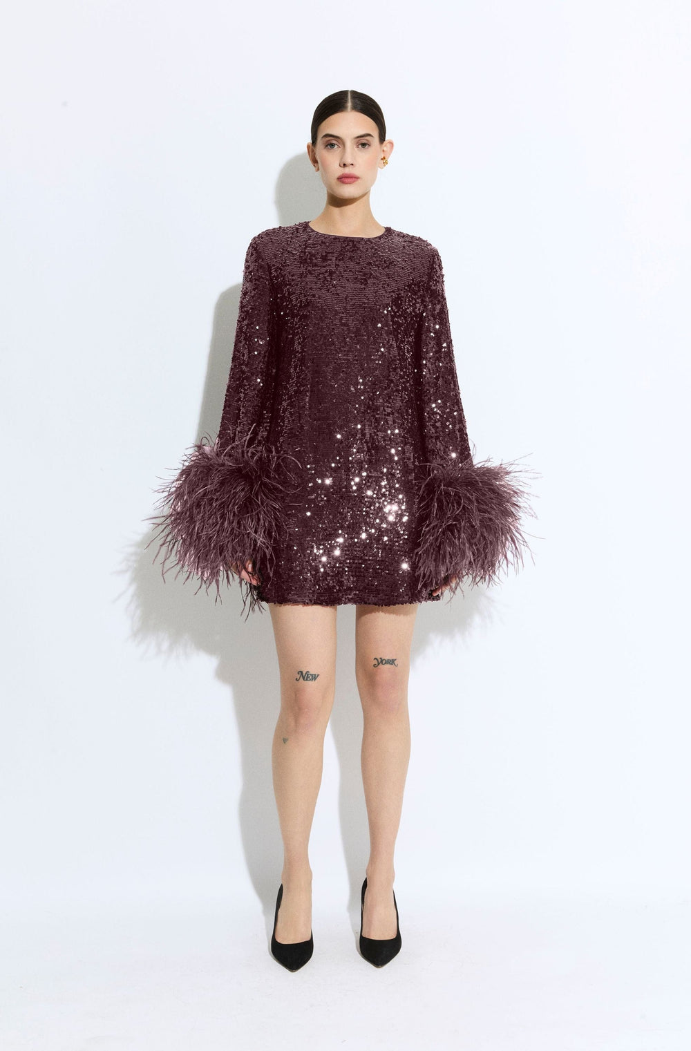 fitted lace wedding dress Lapointe Sequin Dress with Feathers