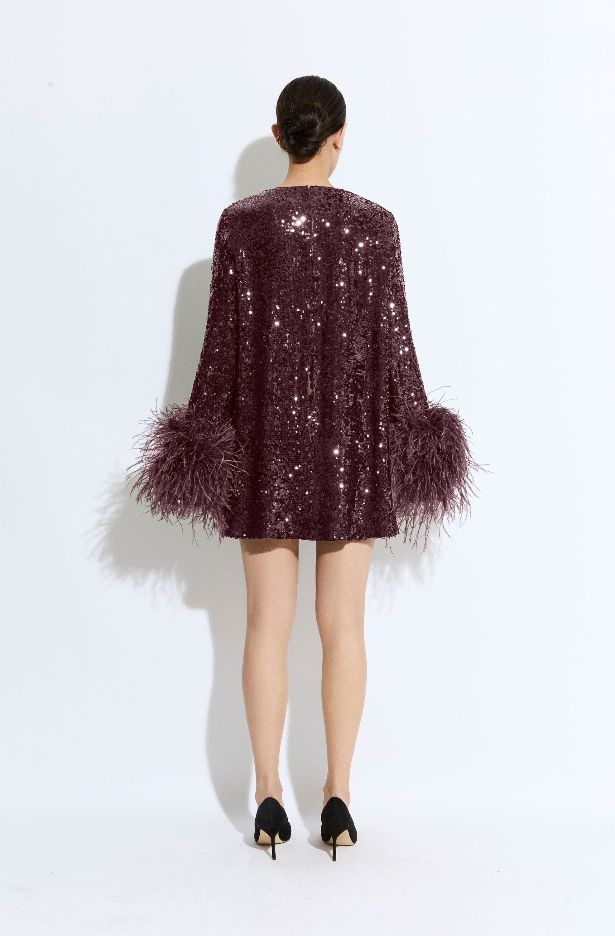 Sequin Dress With Feathers in Mulberry Red | LAPOINTE Sequin Dress With Feathers in Mulberry Red | LAPOINTE