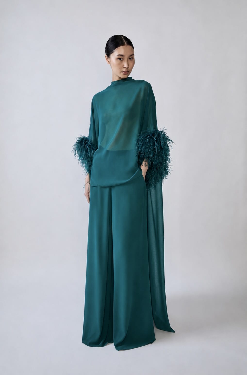 Lightweight Georgette High Low Top With Feathers