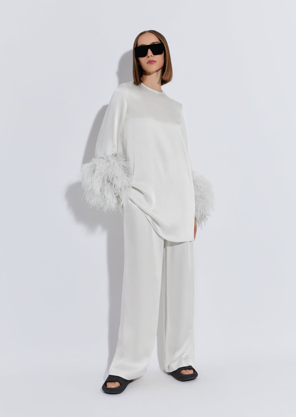 Satin Shift Dress With Feathers - LAPOINTE