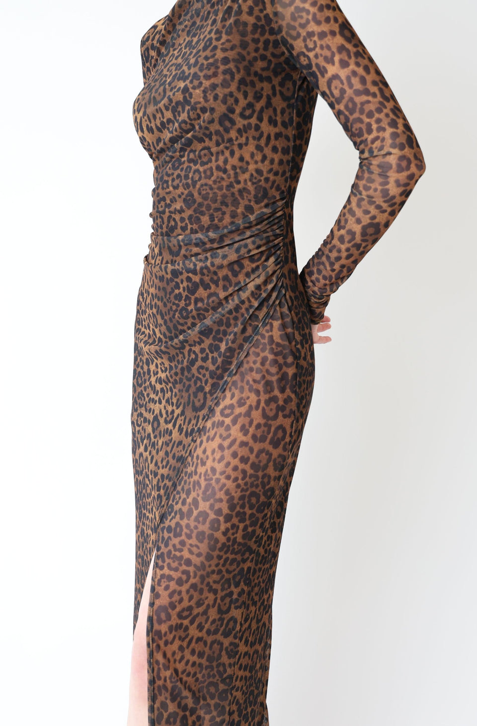 Printed Mesh Draped Midi Dress