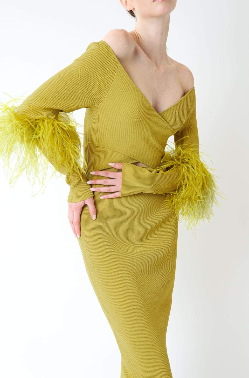 Matte Viscose Cross Front Dress With Feathers