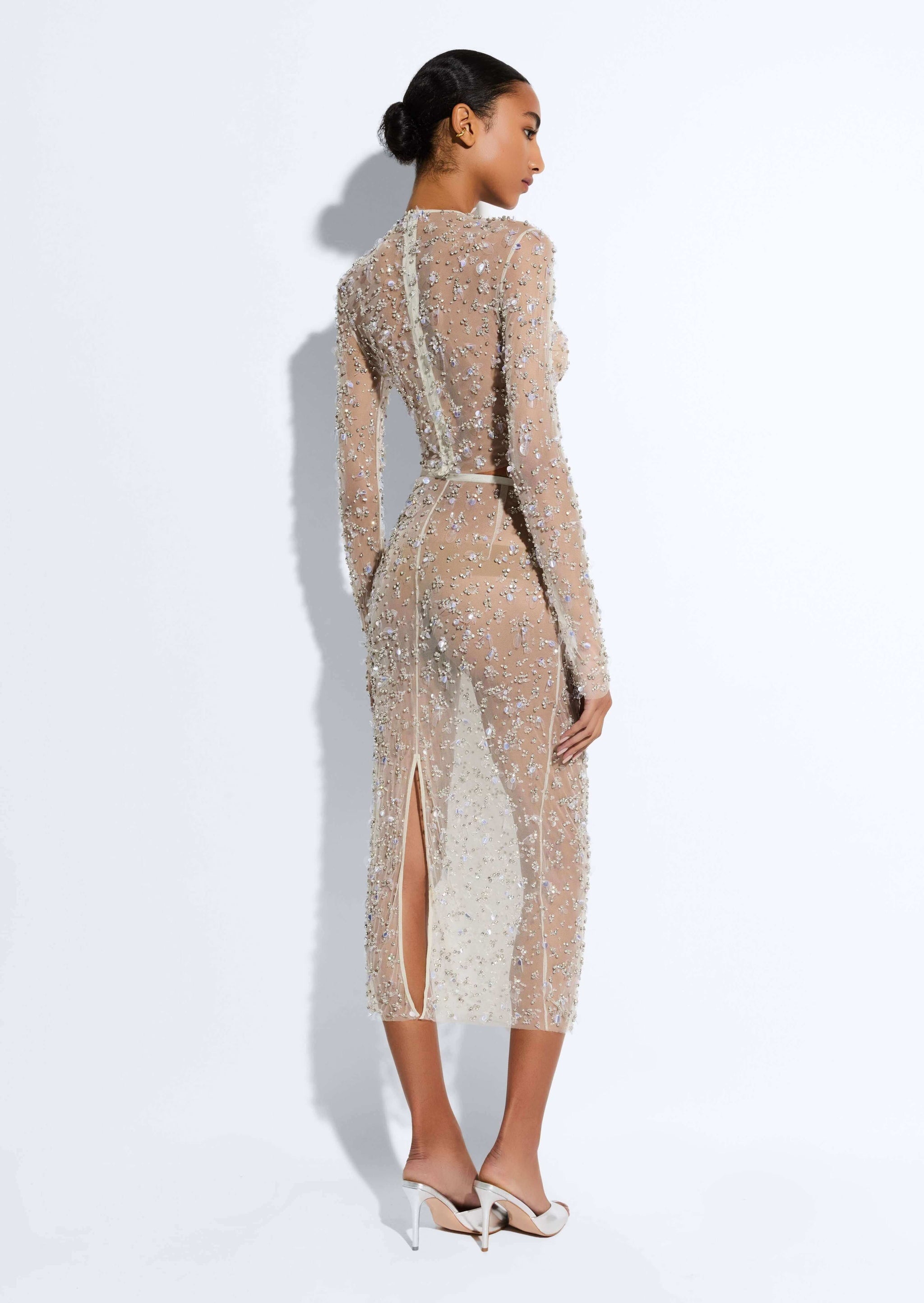 Embroidered Mesh Pencil Skirt in Washed silver Steel LAPOINTE