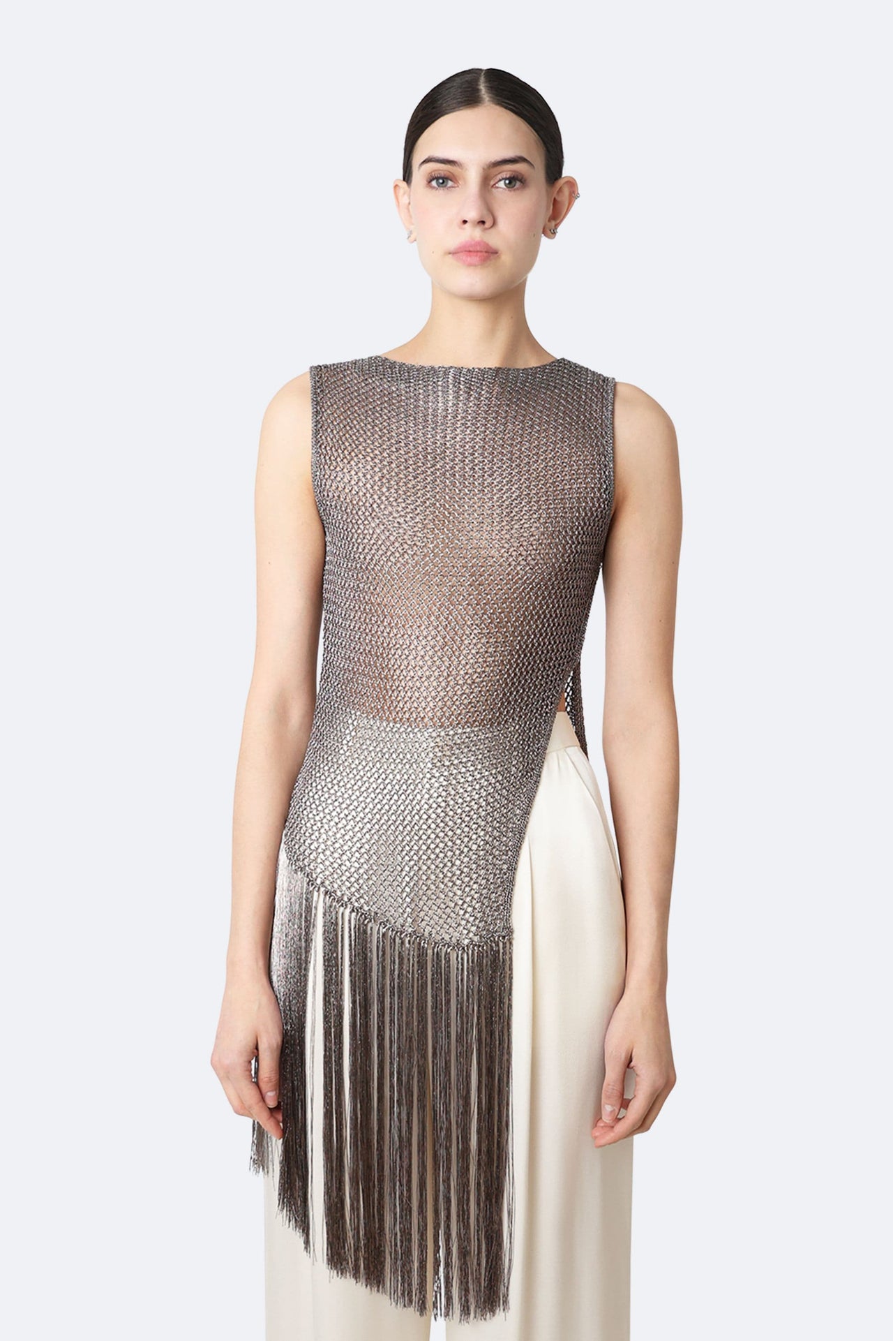 Metallic Netting Fringe Asymmetric Top