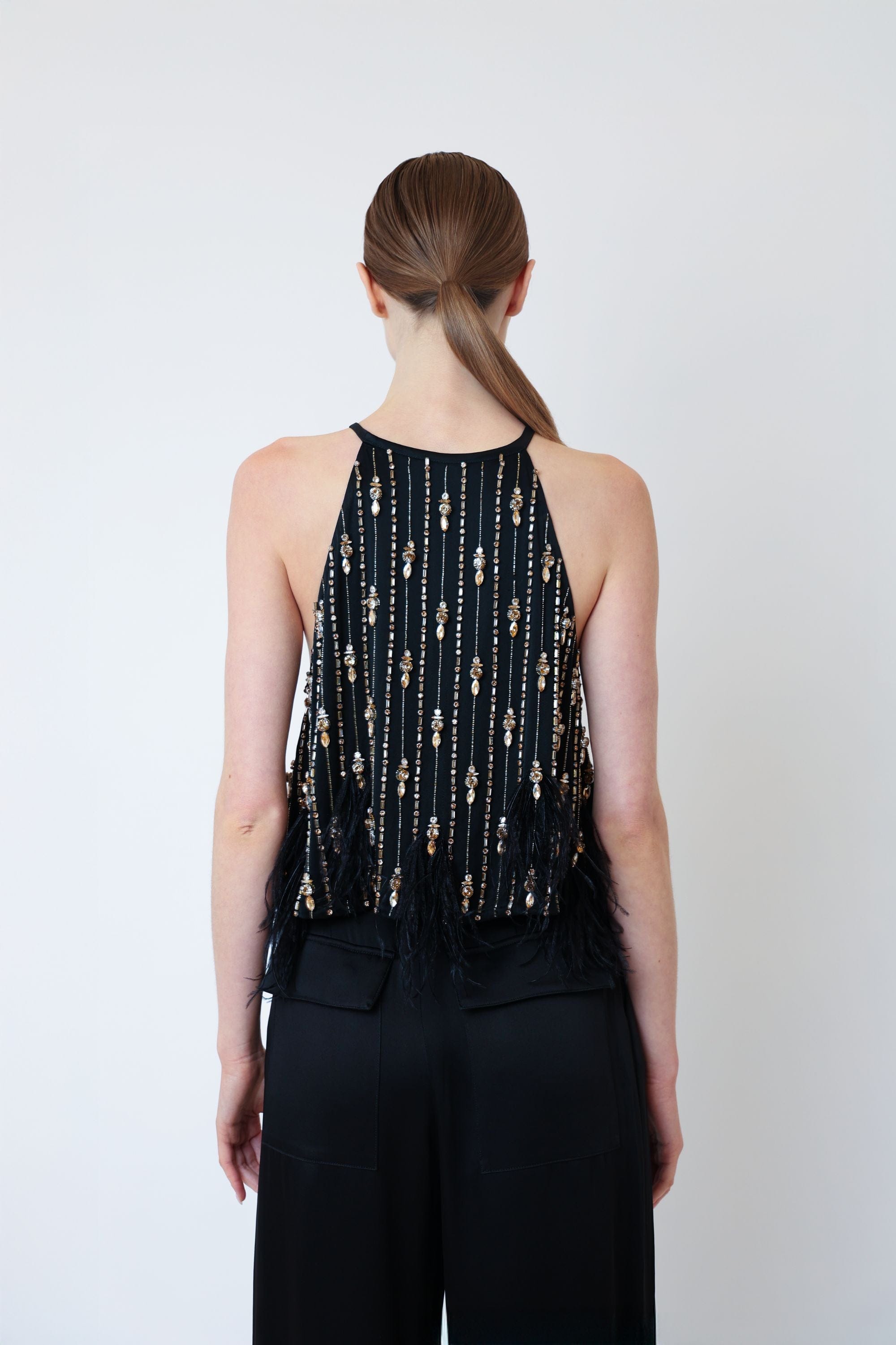 Satin Crop Halter Cami With Deco Stripe Embroidery - LAPOINTE