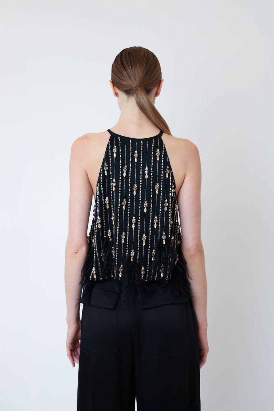 Satin Crop Halter Cami With Deco Stripe Embroidery