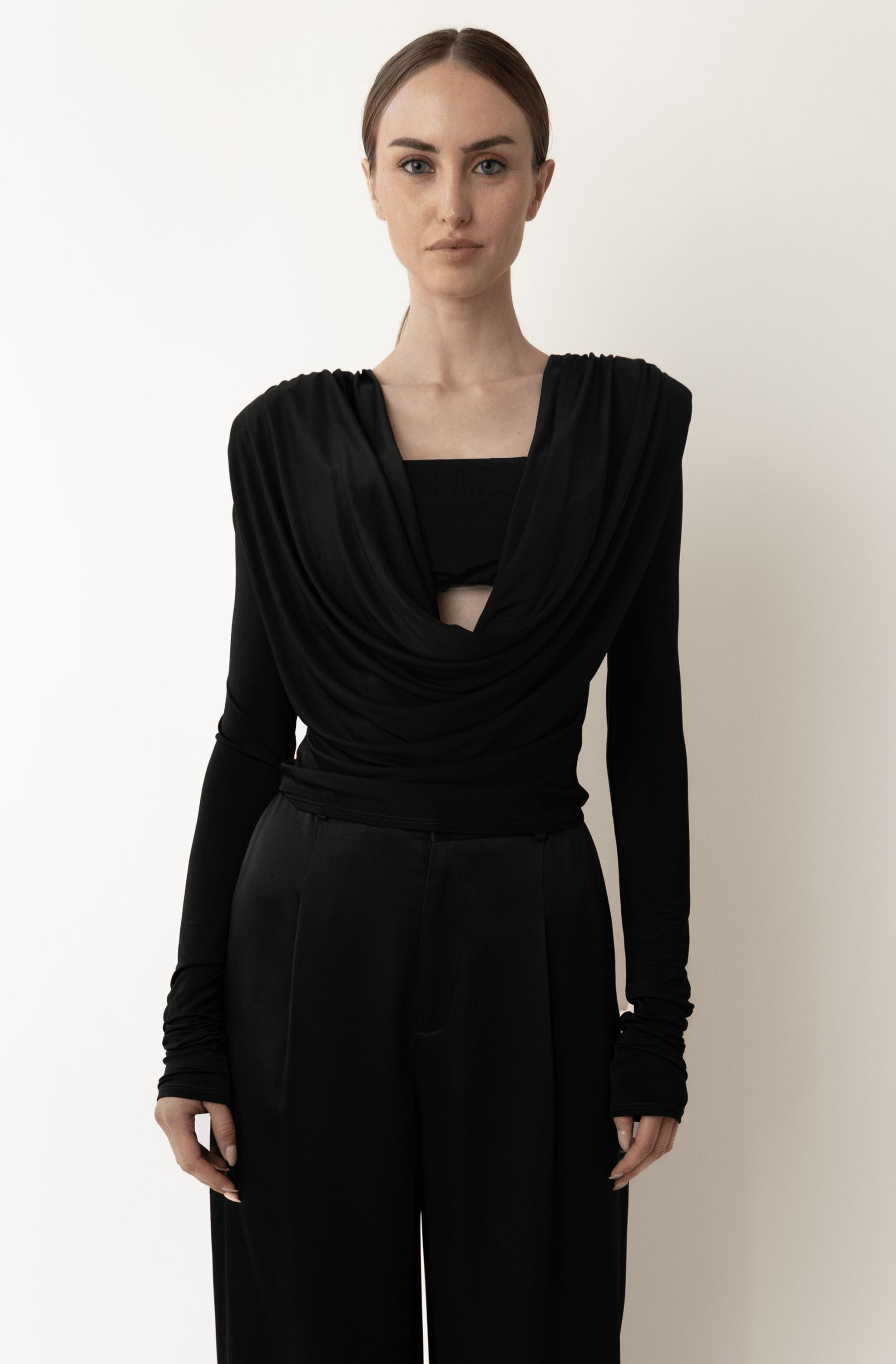 Jersey Cowl Neck Bandeau Top in Black Black | LAPOINTE