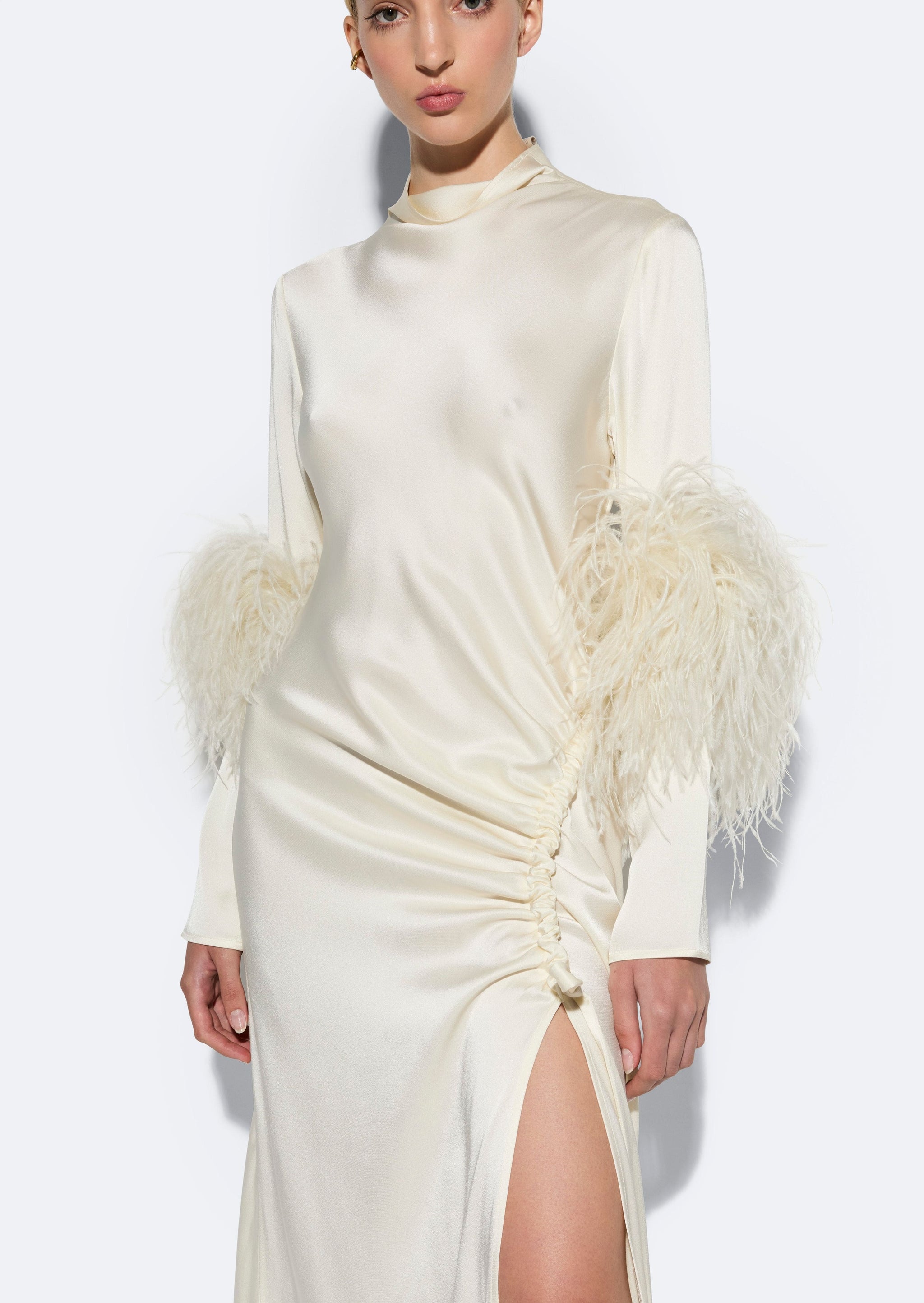 Satin Tab Gown With Feathers in Cream Cream and Neutral | LAPOINTE Satin Tab Gown With Feathers in Cream Cream and Neutral | LAPOINTE