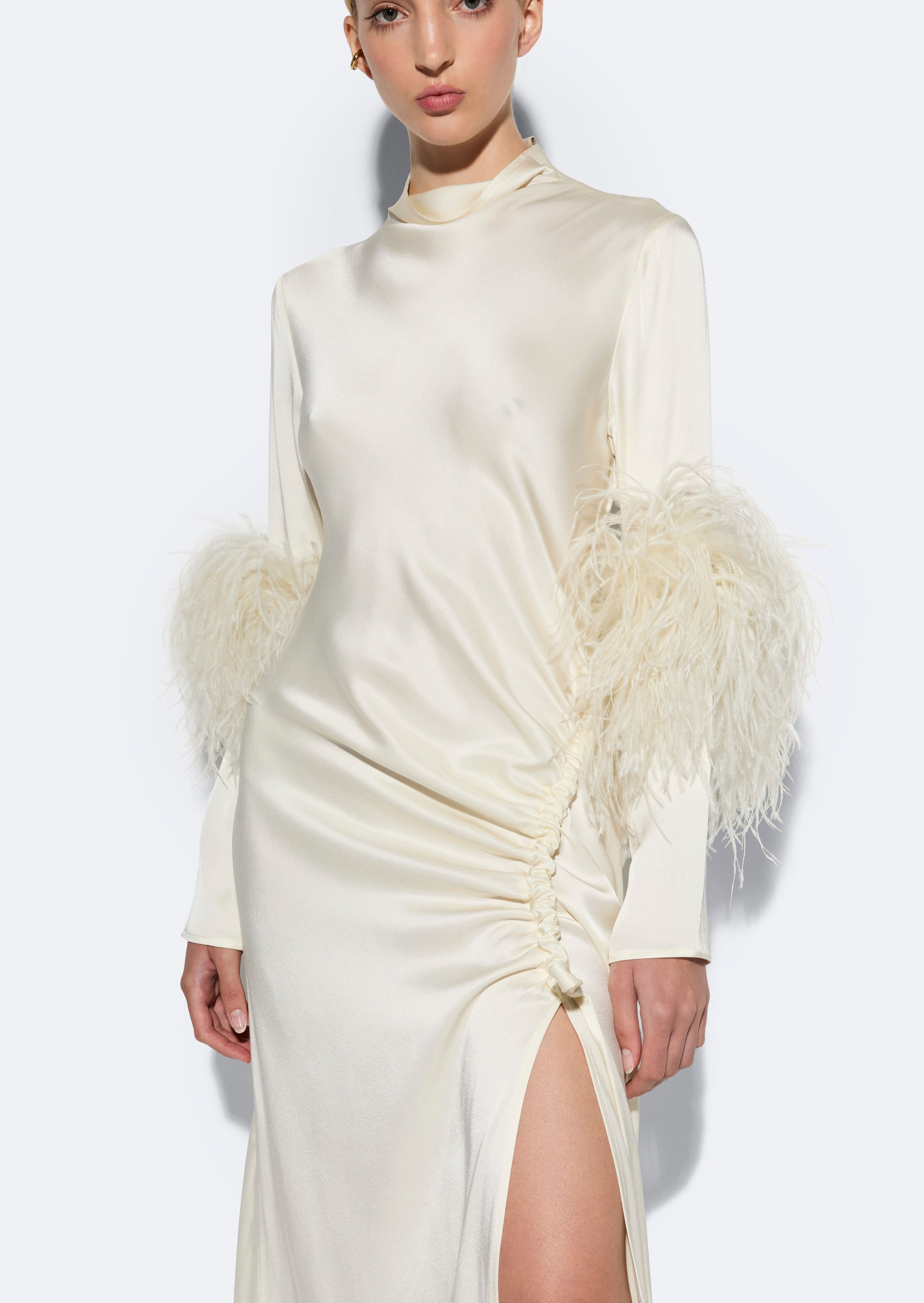 cream feather dress Satin Tab Gown With Feathers in Cream Cream and Neutral