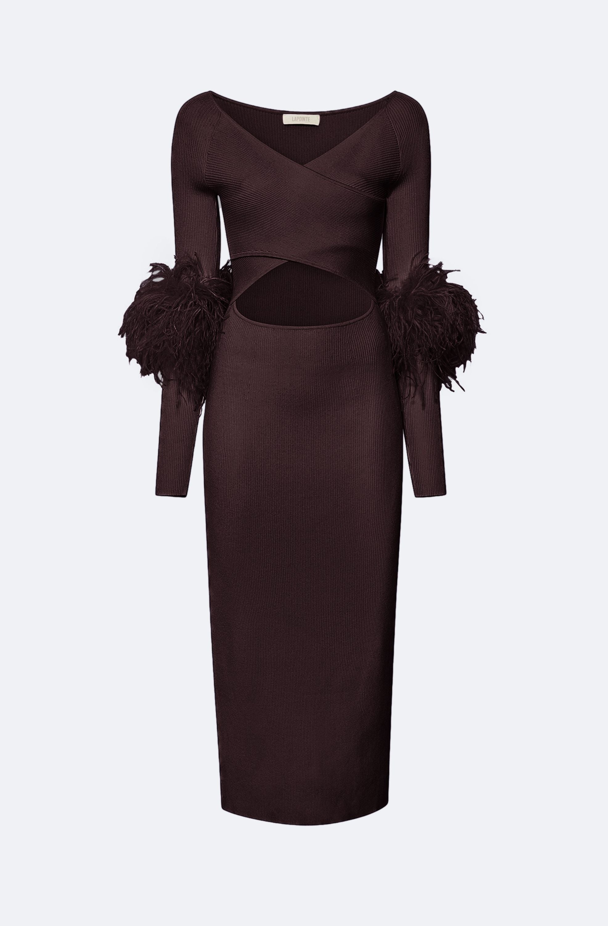 Matte Viscose Cross Front Dress With Feathers in Dark brown Dark