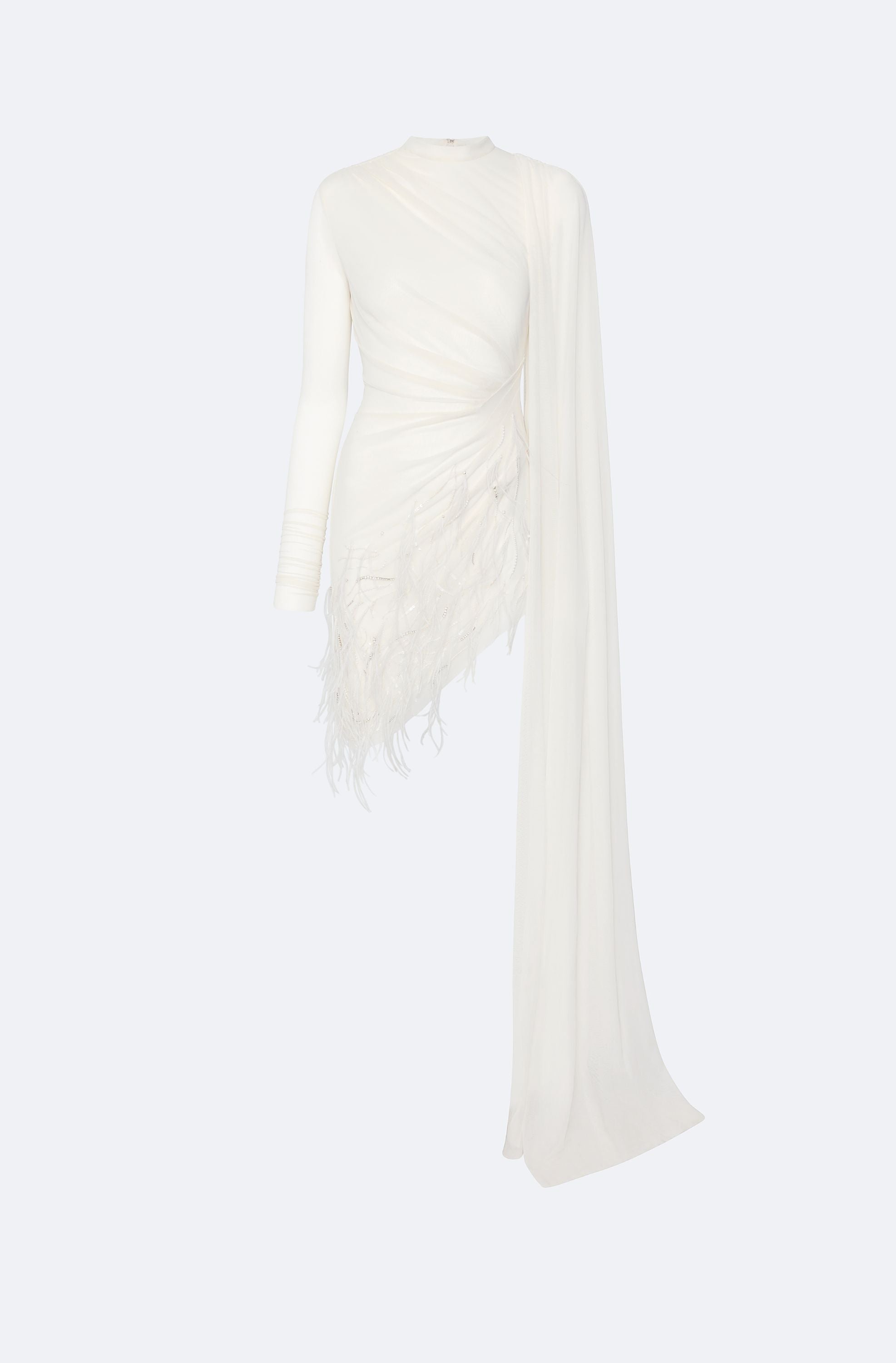 Mesh High Neck Cape Dress With Feathers - LAPOINTE