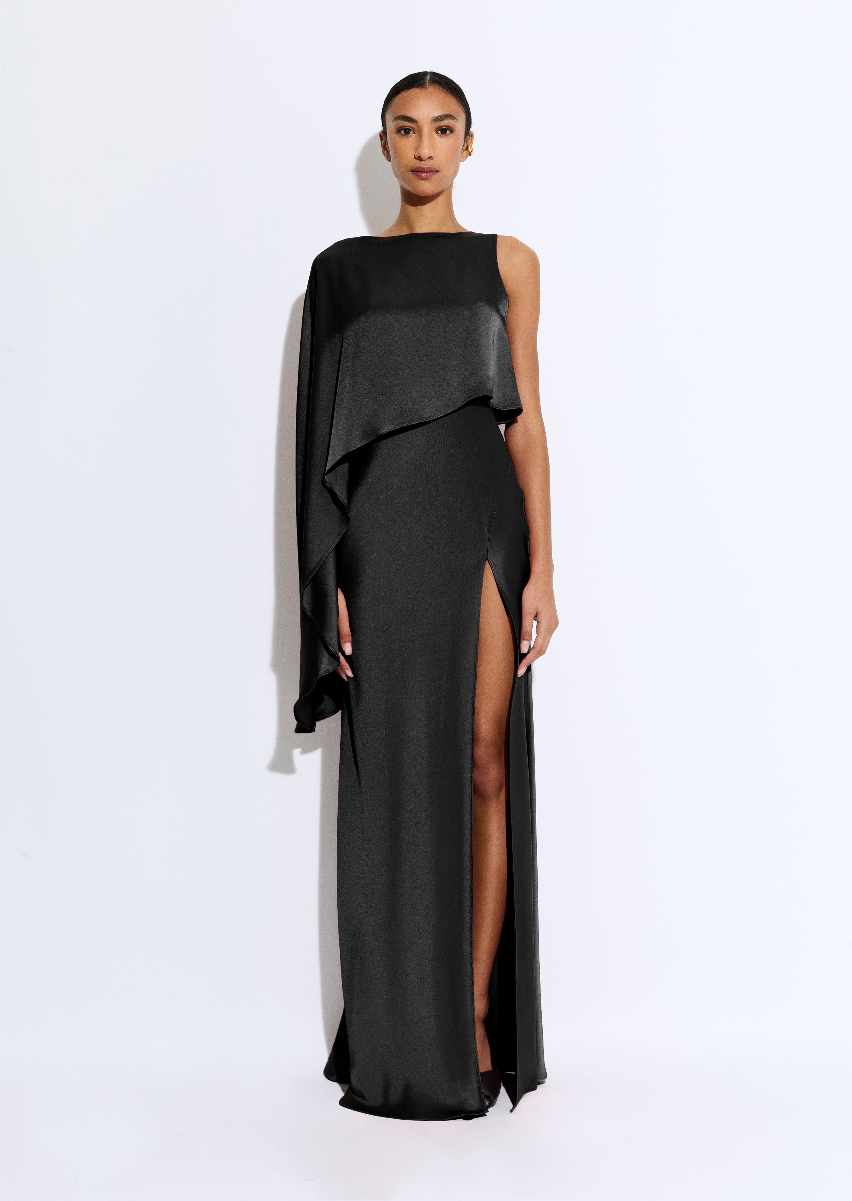 LAPOINTE Satin Asymmetric Draped Gown | Black / 0 LAPOINTE Satin Asymmetric Draped Gown | Black / 0