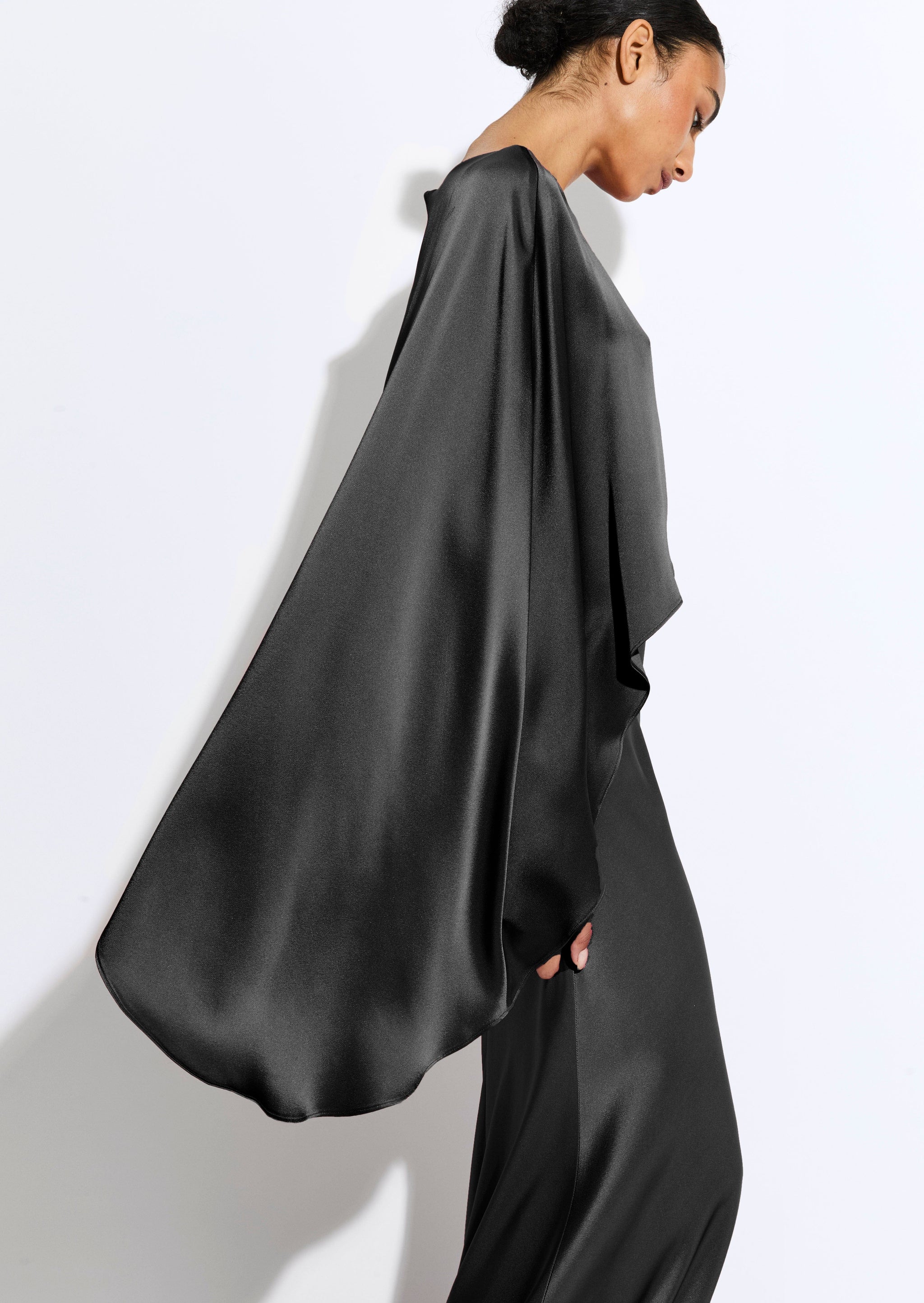 Satin Asymmetric Draped Gown in Black Black | LAPOINTE Satin Asymmetric Draped Gown in Black Black | LAPOINTE
