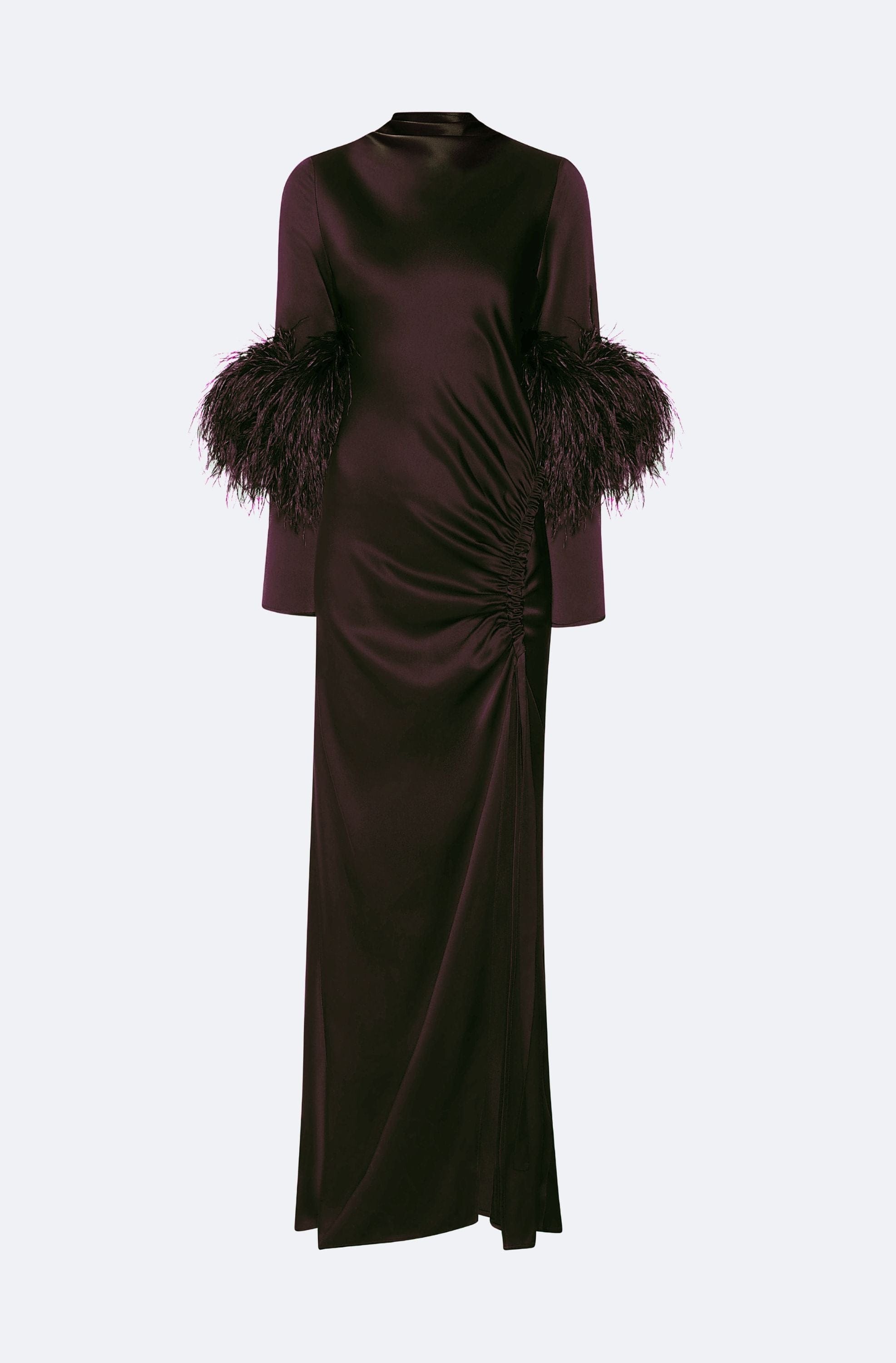 Satin Tab Gown With Feathers