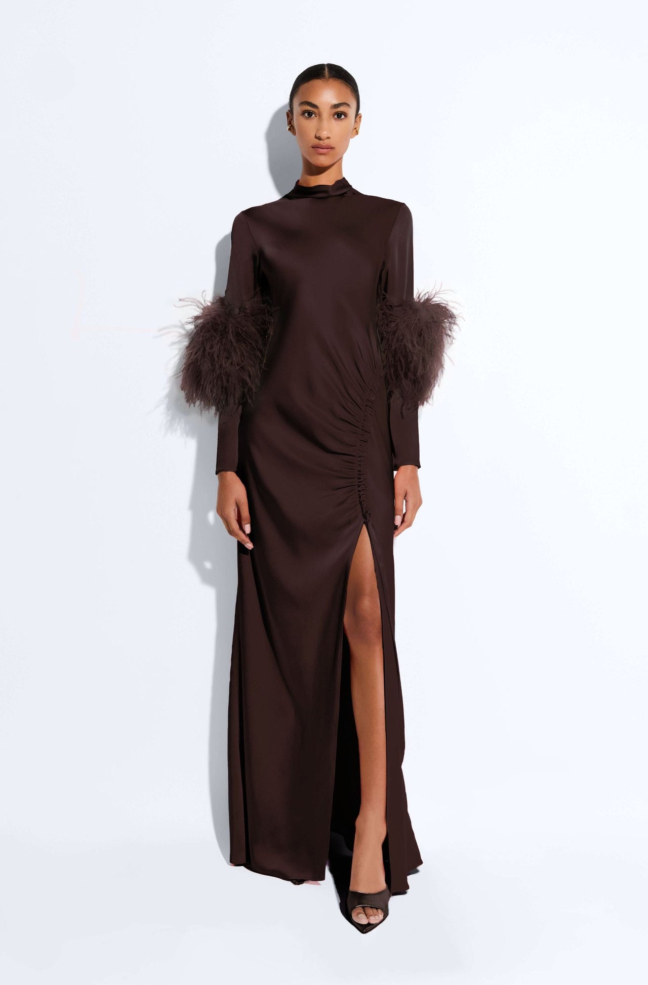 Satin Tab Gown With Feathers