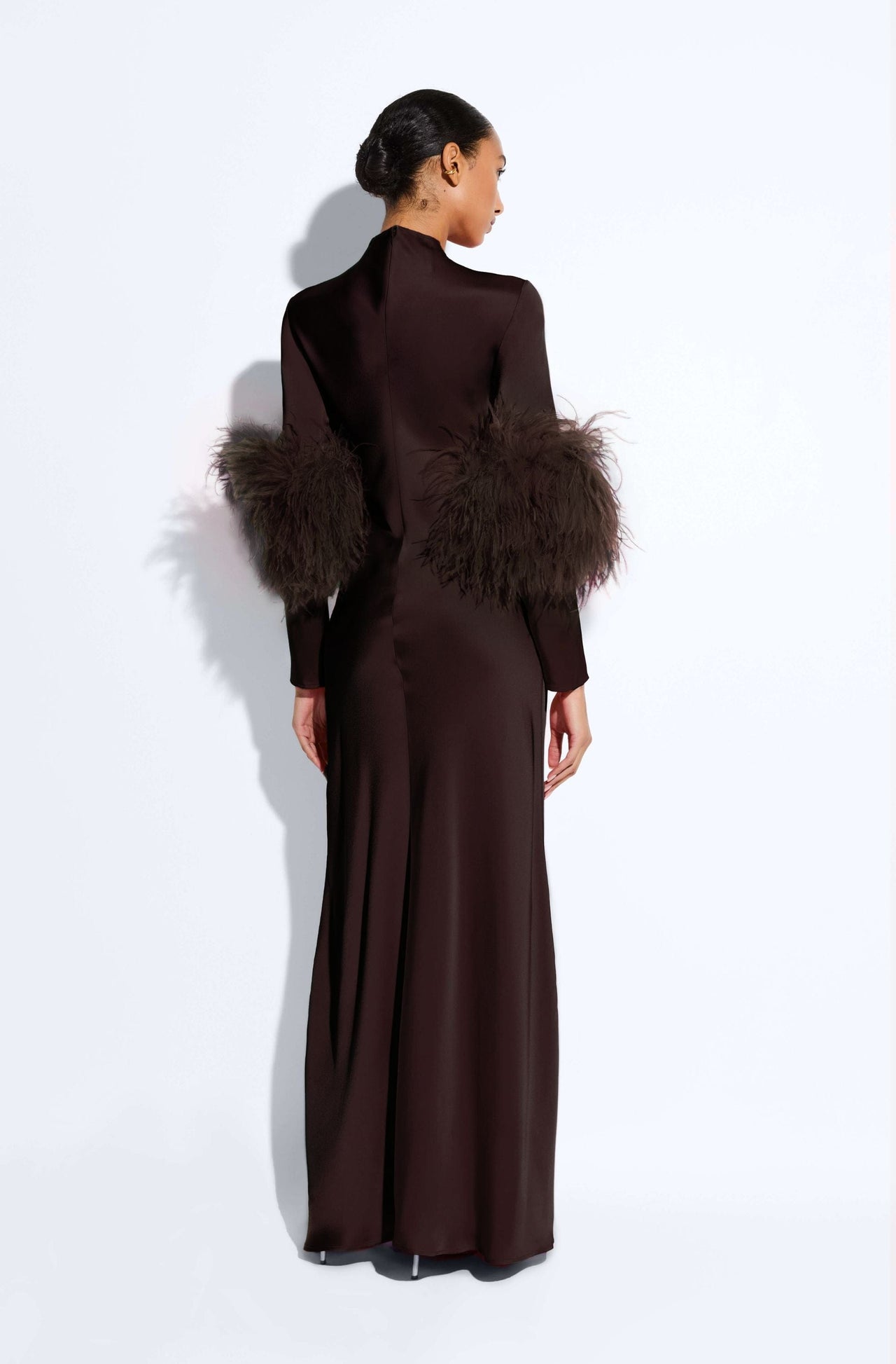 Satin Tab Gown With Feathers