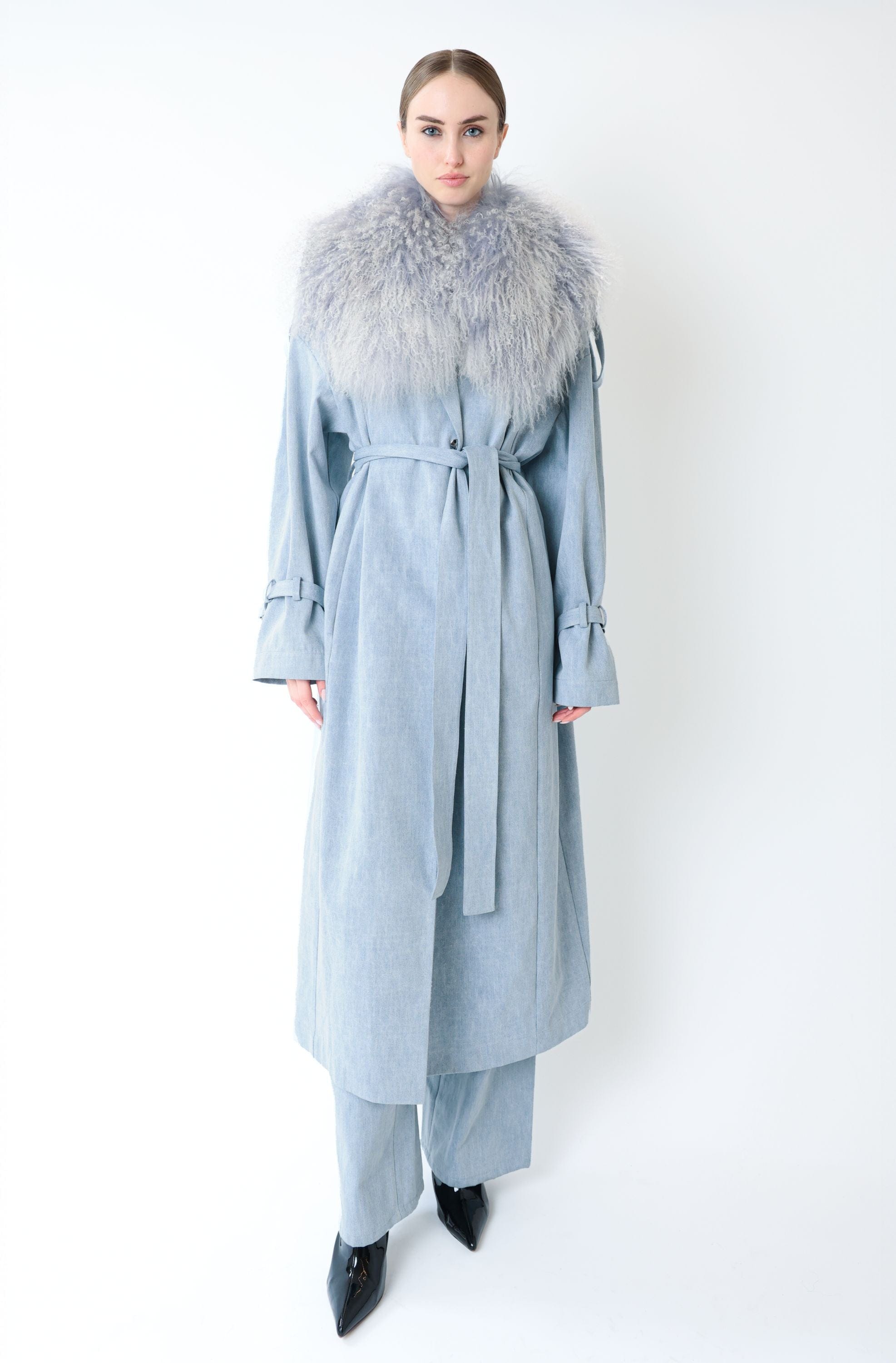 Washed Denim Relaxed Trench With Mongolian