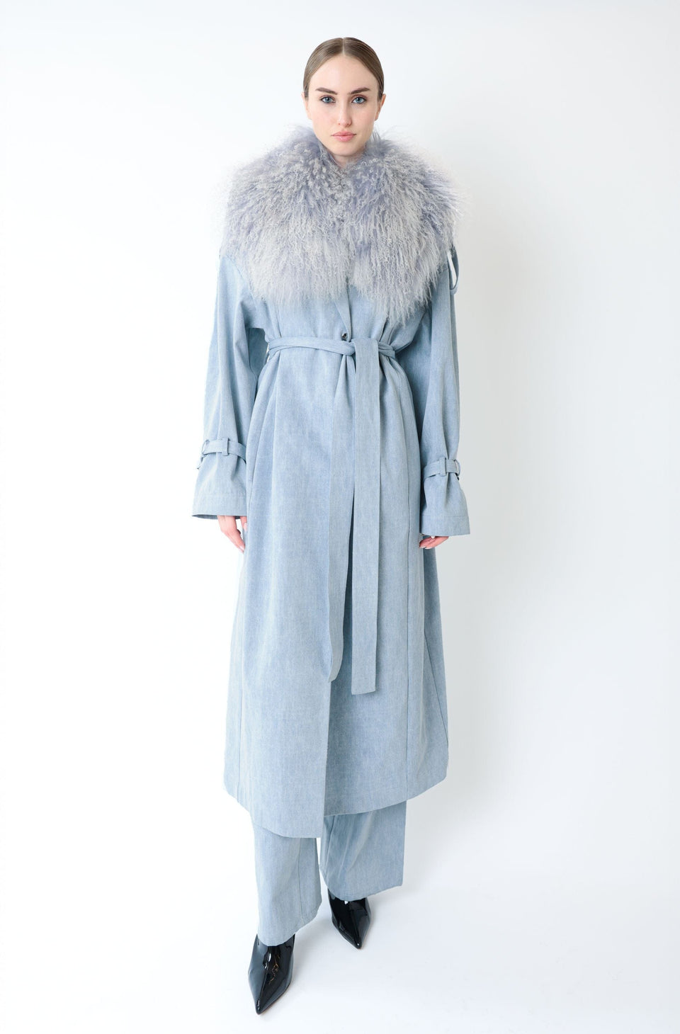Washed Denim Relaxed Trench With Mongolian