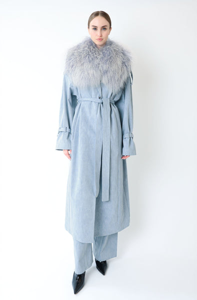 Washed Denim Relaxed Trench With Mongolian in Light indigo Blue