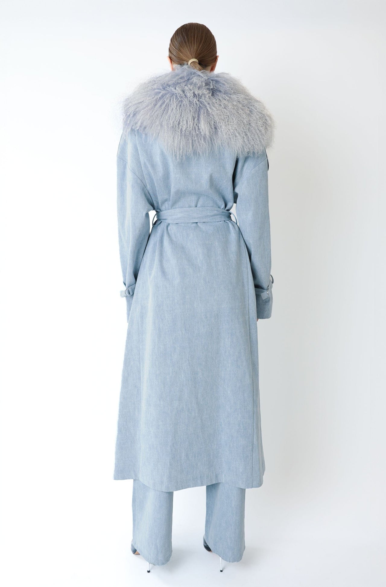 Washed Denim Relaxed Trench With Mongolian