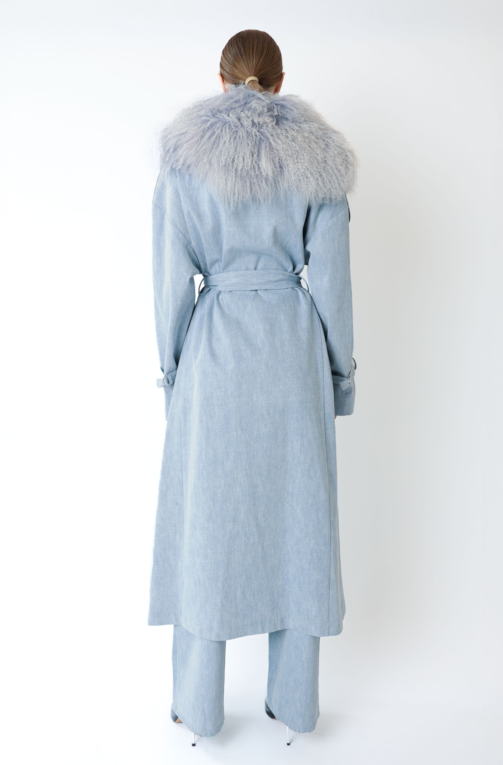 Washed Denim Relaxed Trench With Mongolian