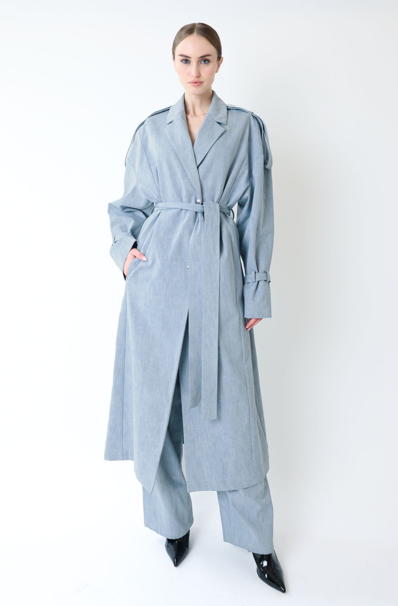 Washed Denim Relaxed Trench With Mongolian