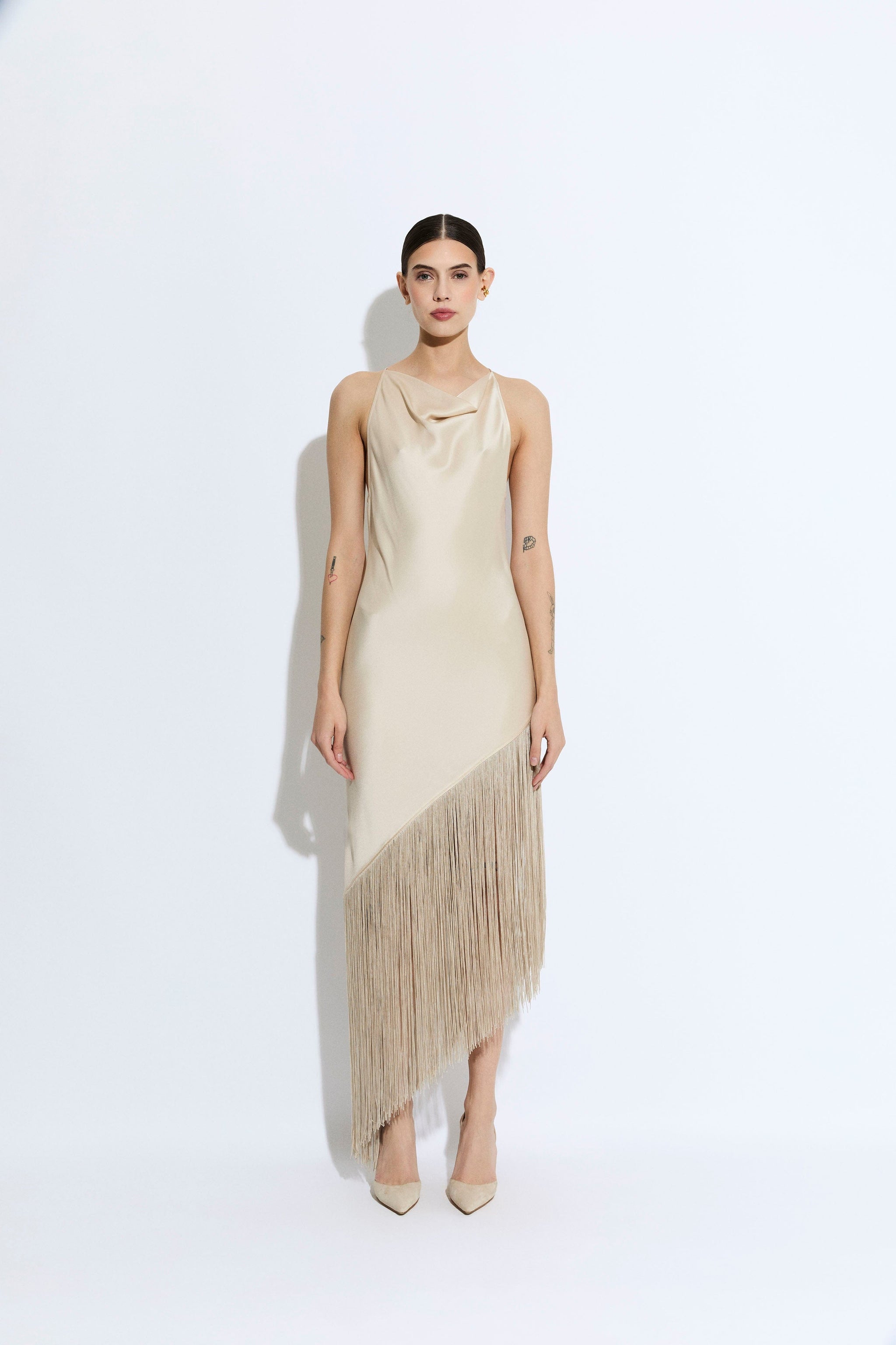 Satin Cowl Neck Fringe Dress - LAPOINTE