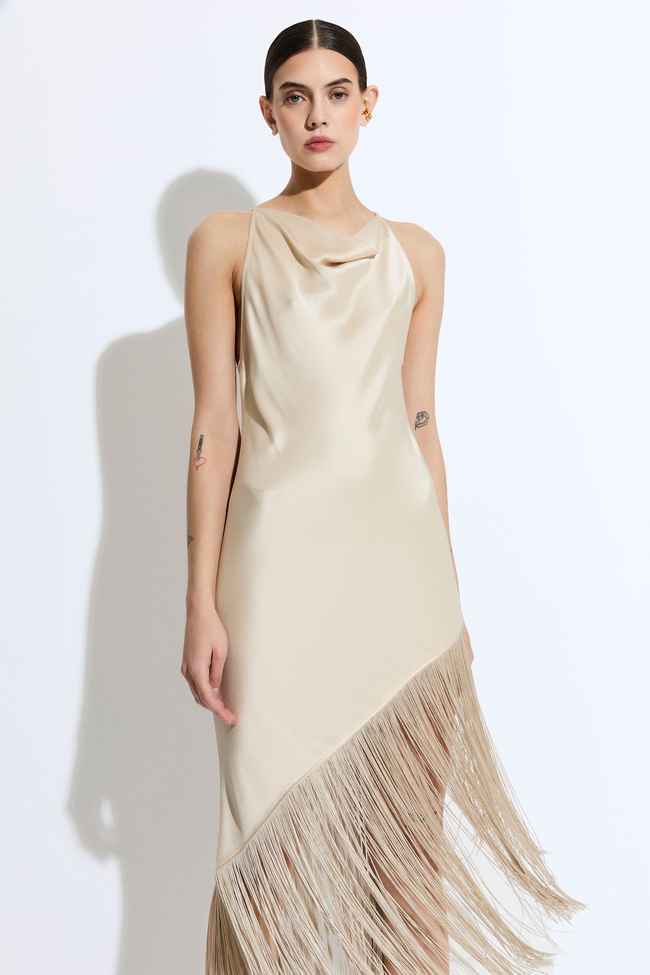 long silk dress fringe The Yanga Fringe Dress Mustard Satin Midi