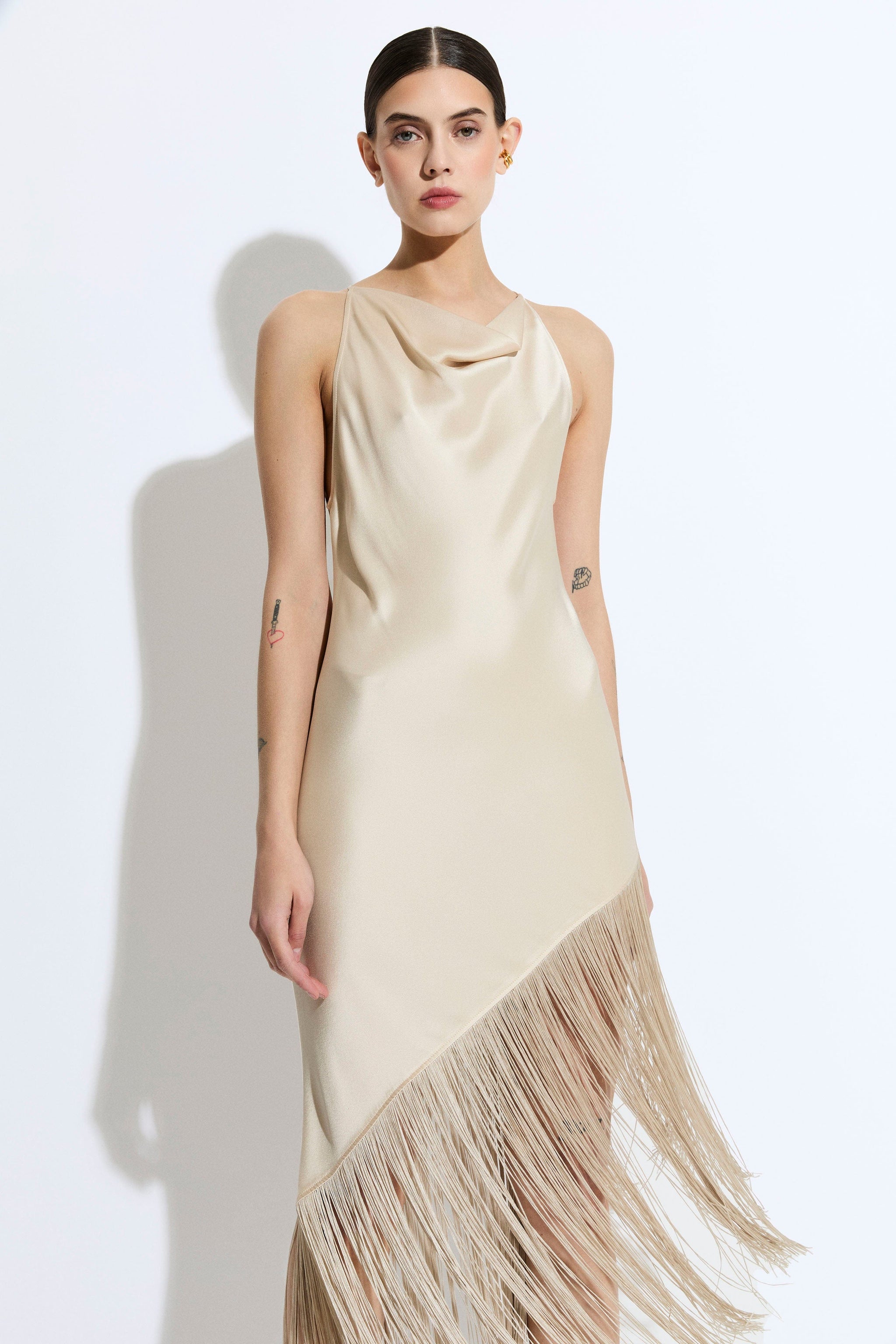 Satin Cowl Neck Fringe Dress - LAPOINTE