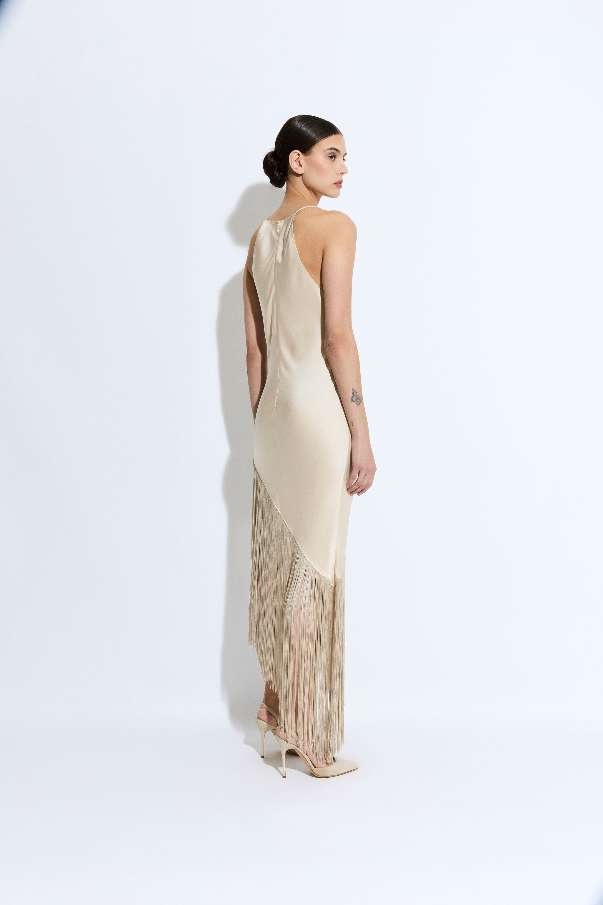 Satin Cowl Neck Fringe Dress - LAPOINTE