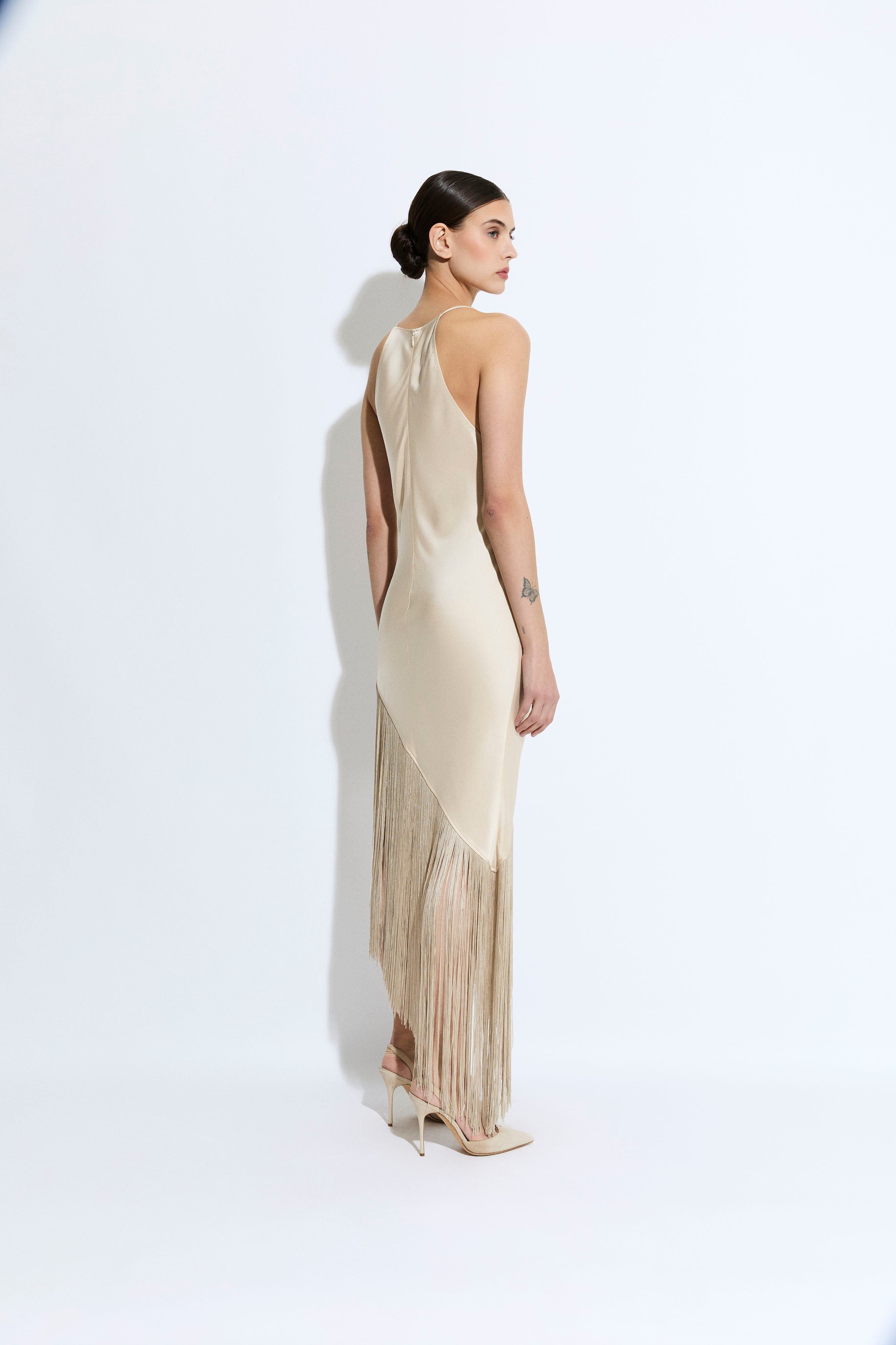 Satin Cowl Neck Fringe Dress - LAPOINTE