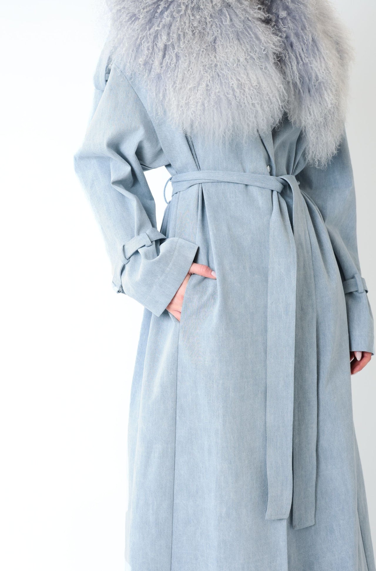 Washed Denim Relaxed Trench With Mongolian
