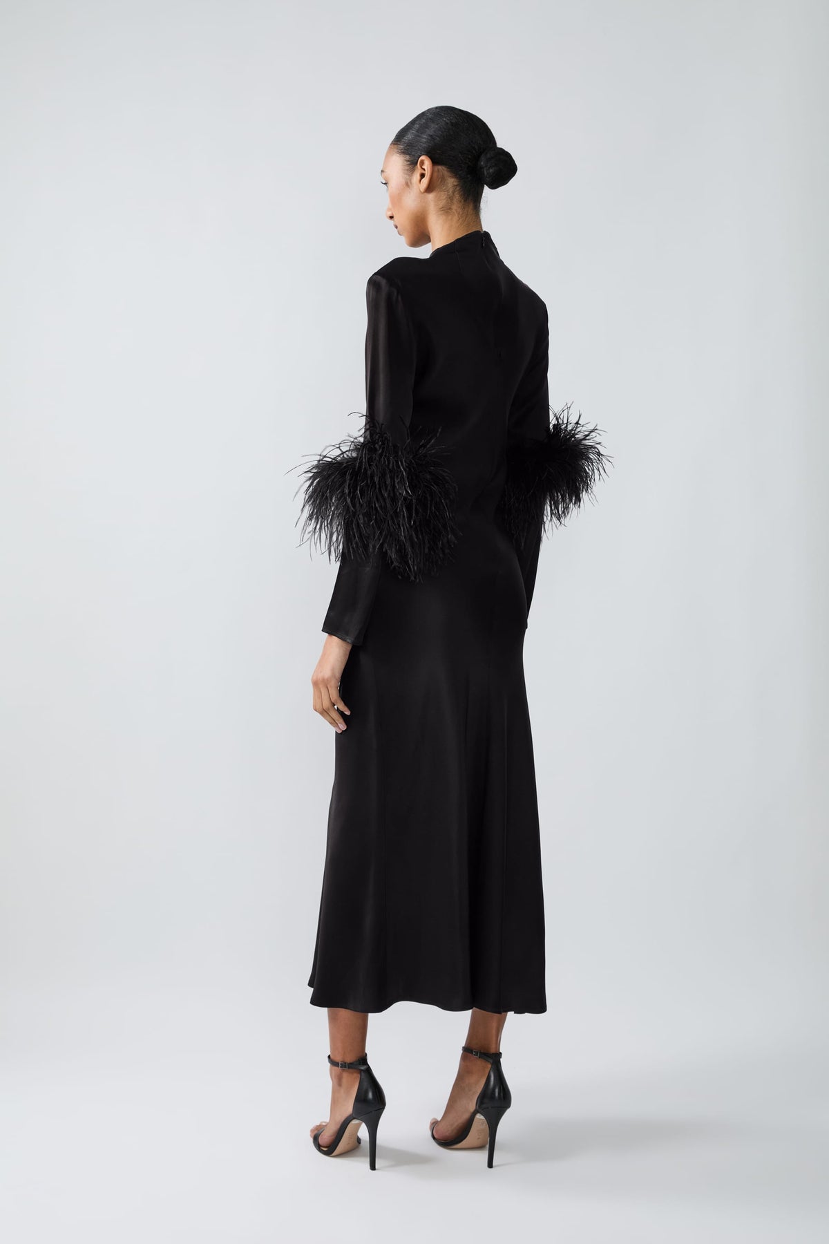 Satin Draped Neck Bias Dress With Feathers - LAPOINTE