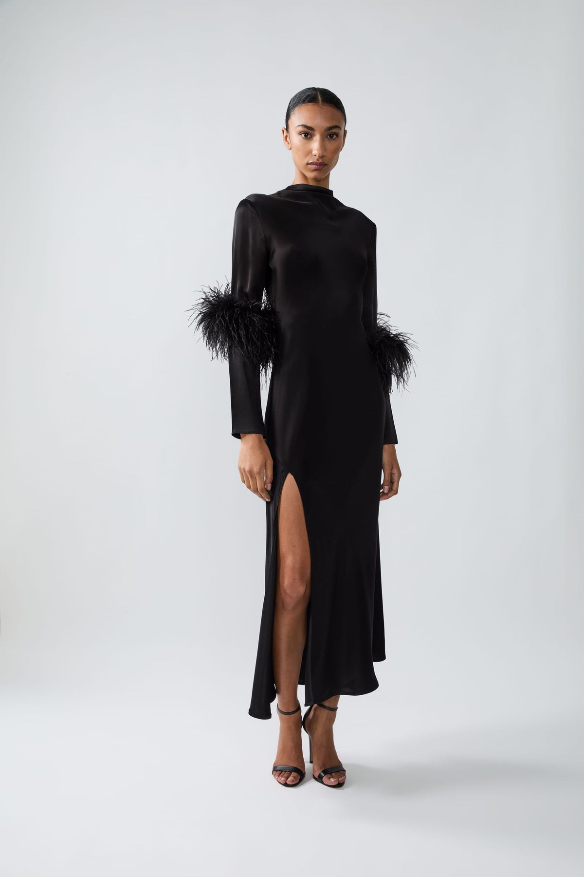Satin Draped Neck Bias Dress With Feathers - LAPOINTE