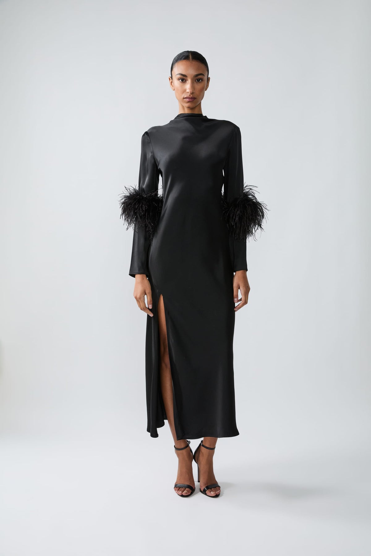 Satin Draped Neck Bias Dress With Feathers - LAPOINTE