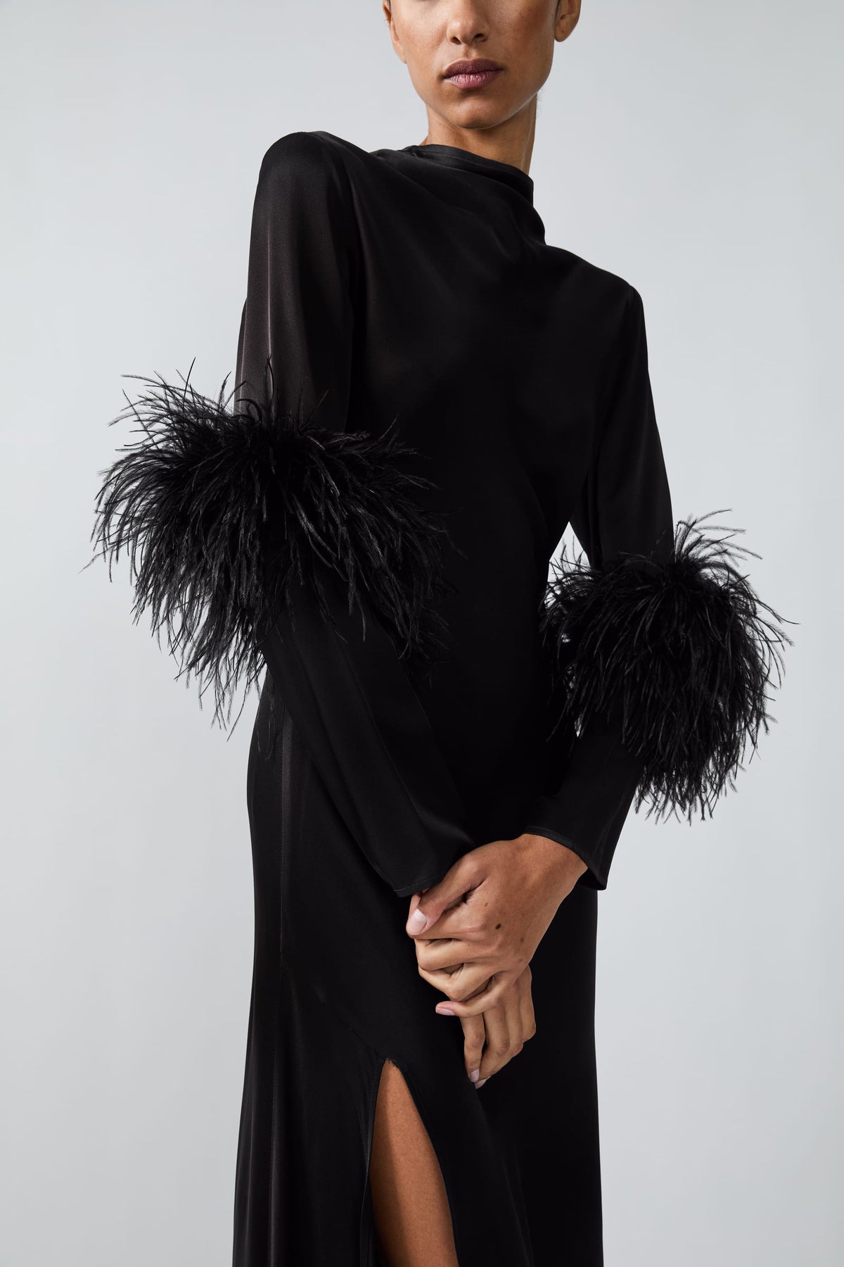 Satin Draped Neck Bias Dress With Feathers - LAPOINTE