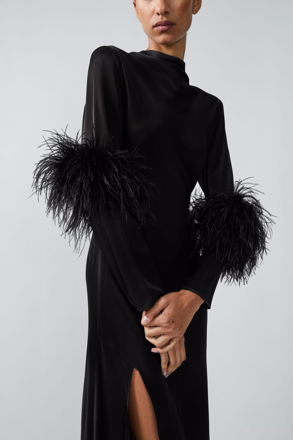 Satin Draped Neck Bias Dress With Feathers - LAPOINTE