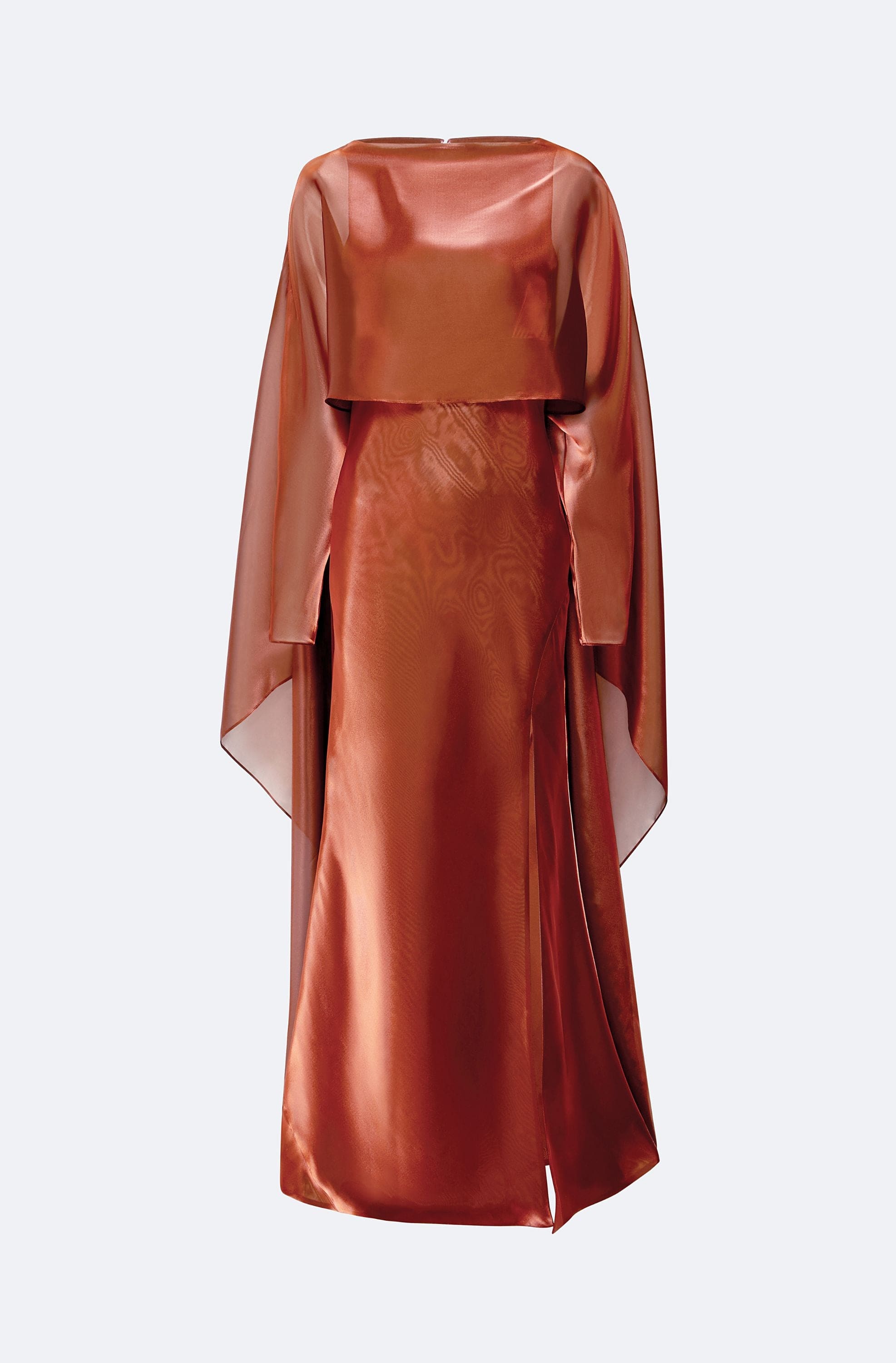 Metallic Organza Layered Gown With Cape in Rust Orange | LAPOINTE