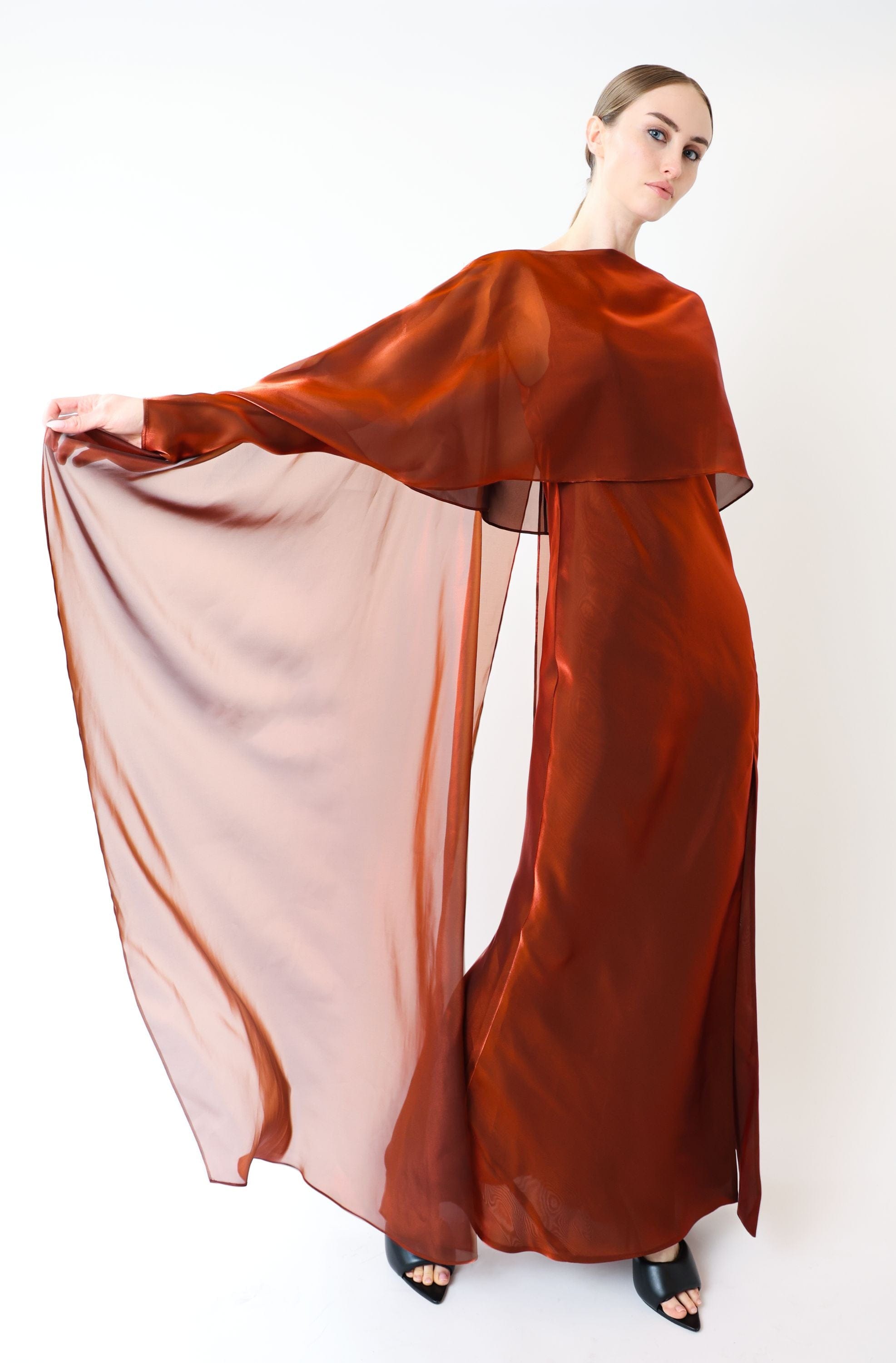 Metallic Organza Layered Gown With Cape - LAPOINTE