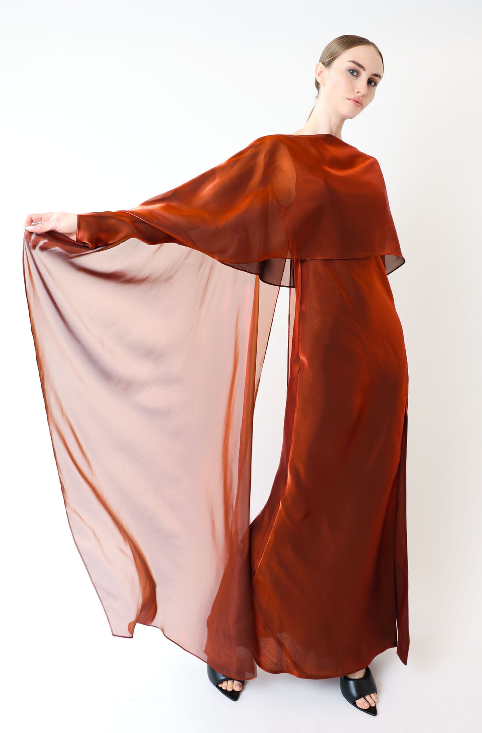 Metallic Organza Layered Gown With Cape