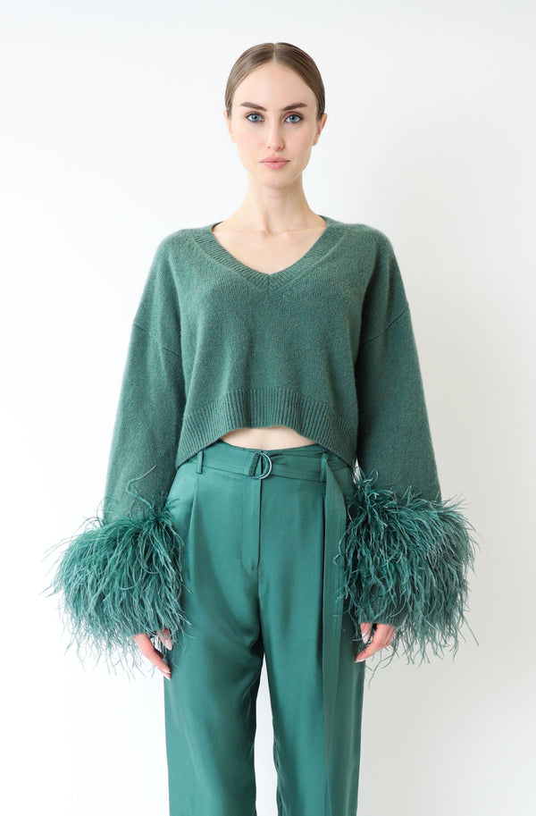 Cashmere Cropped V Neck Sweater With Feathers - LAPOINTE