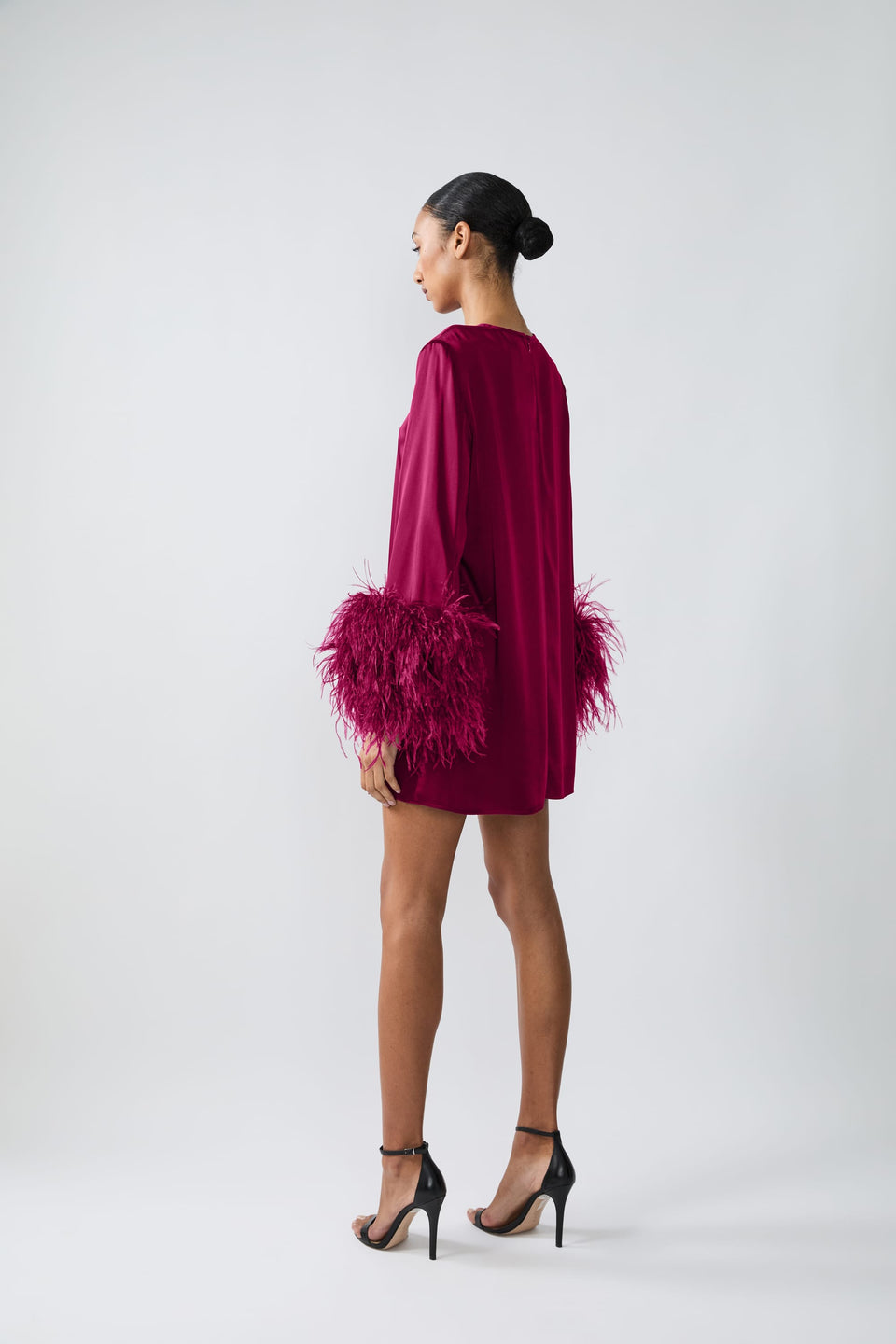 Satin Shift Dress With Feathers
