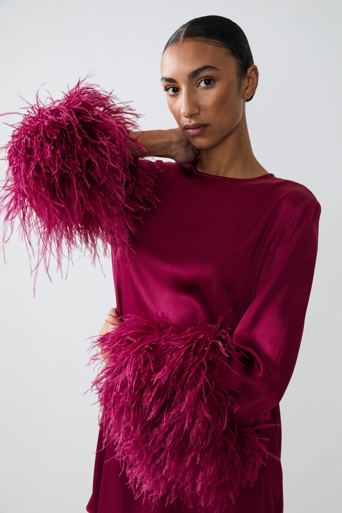 Satin Shift Dress With Feathers